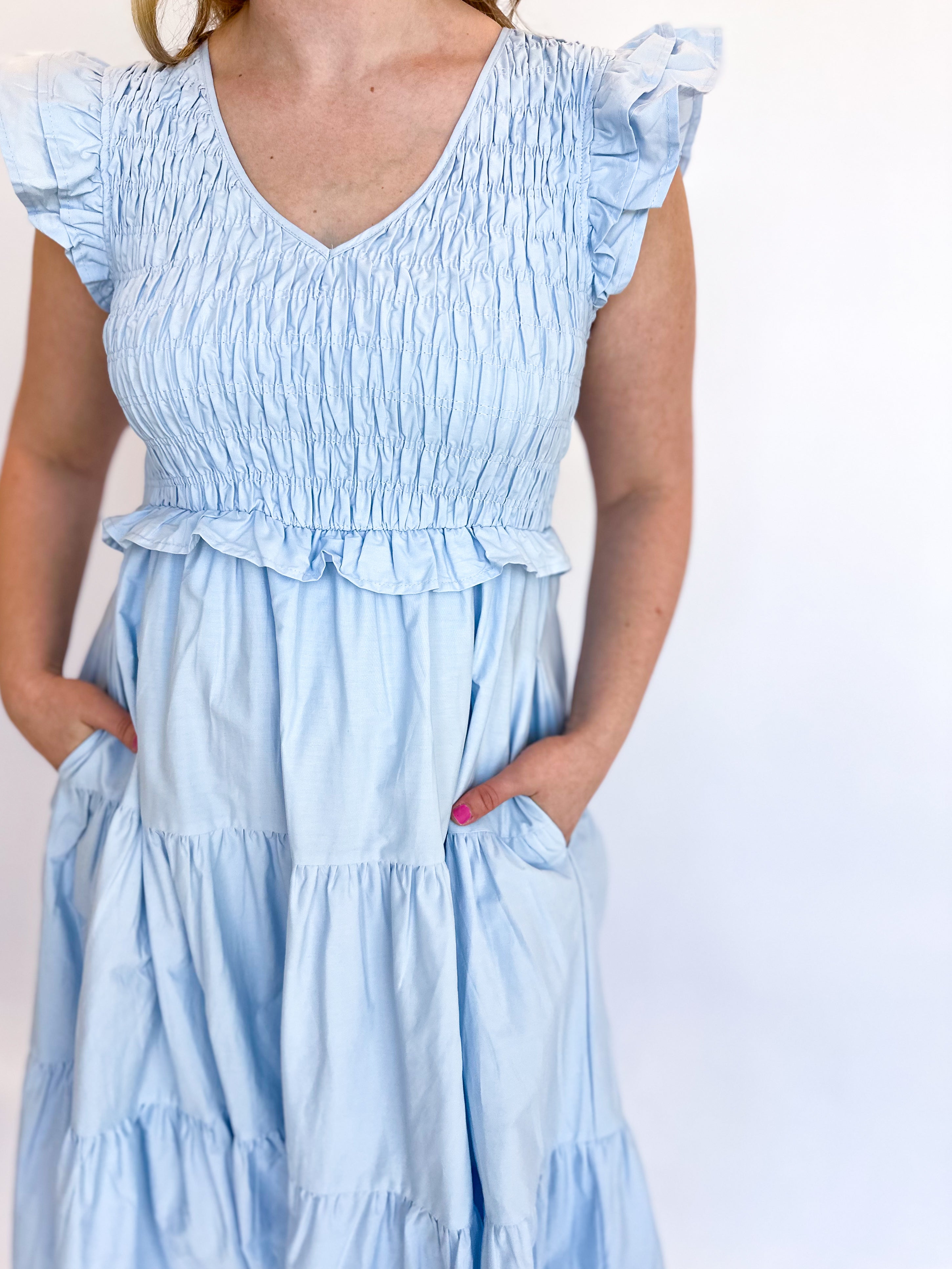 Smocked Blue Midi Dress-500 Midi-&MERCI-July & June Women's Fashion Boutique Located in San Antonio, Texas