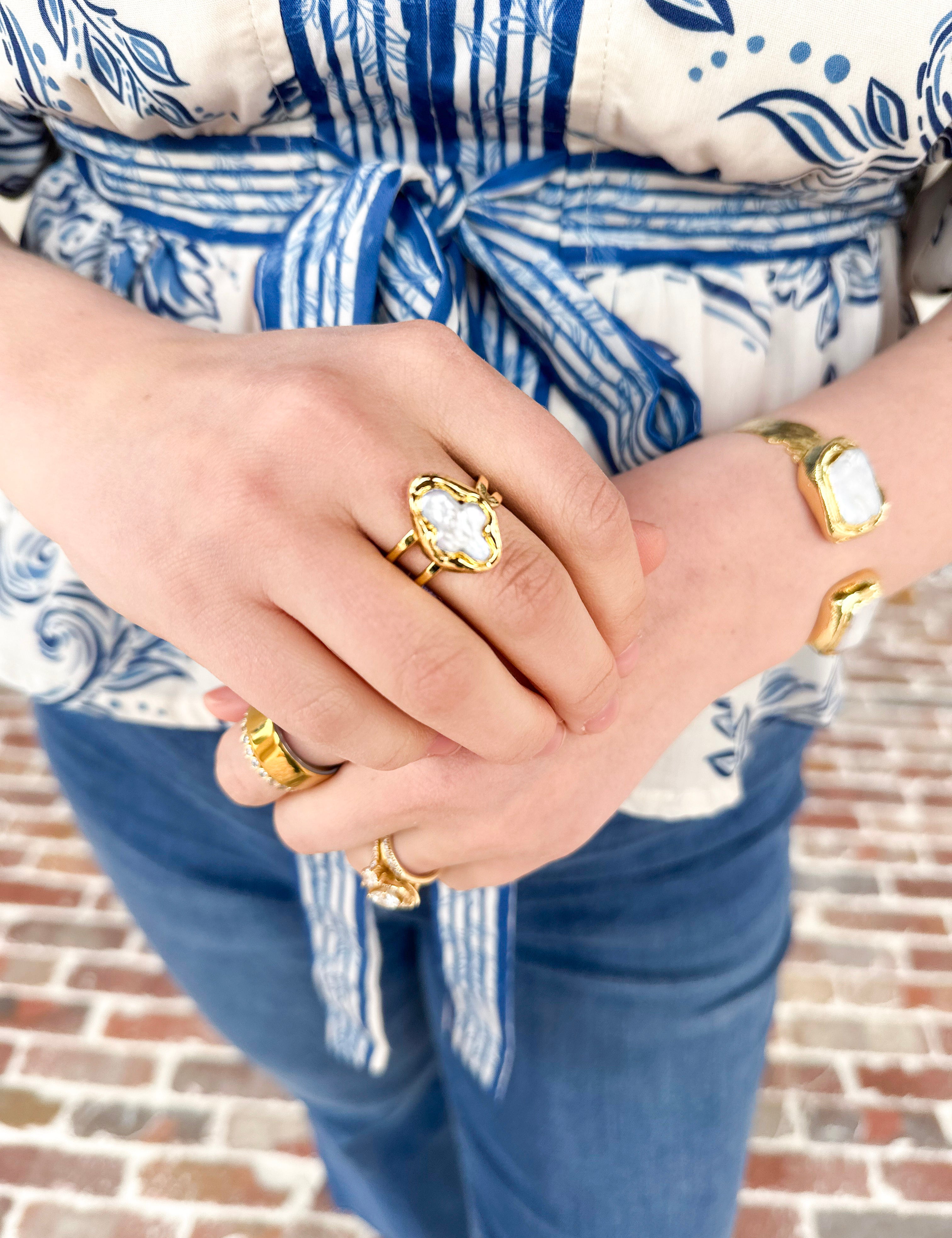 Easton Elle - Single Ring Pearl Cross-110 Jewelry & Hair-Easton Elle-July & June Women's Fashion Boutique Located in San Antonio, Texas