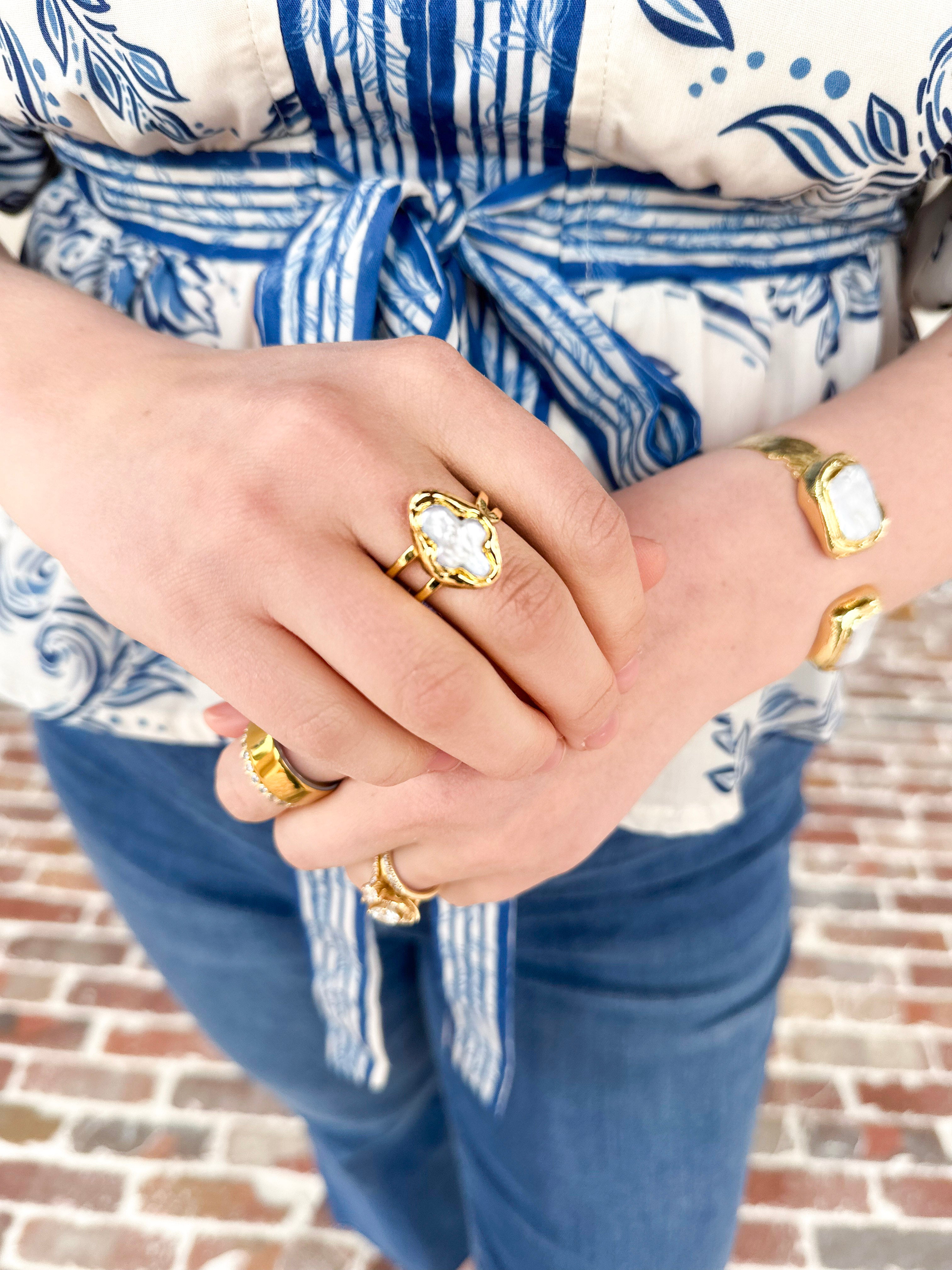 Easton Elle - Single Ring Pearl Cross-110 Jewelry & Hair-Easton Elle-July & June Women's Fashion Boutique Located in San Antonio, Texas