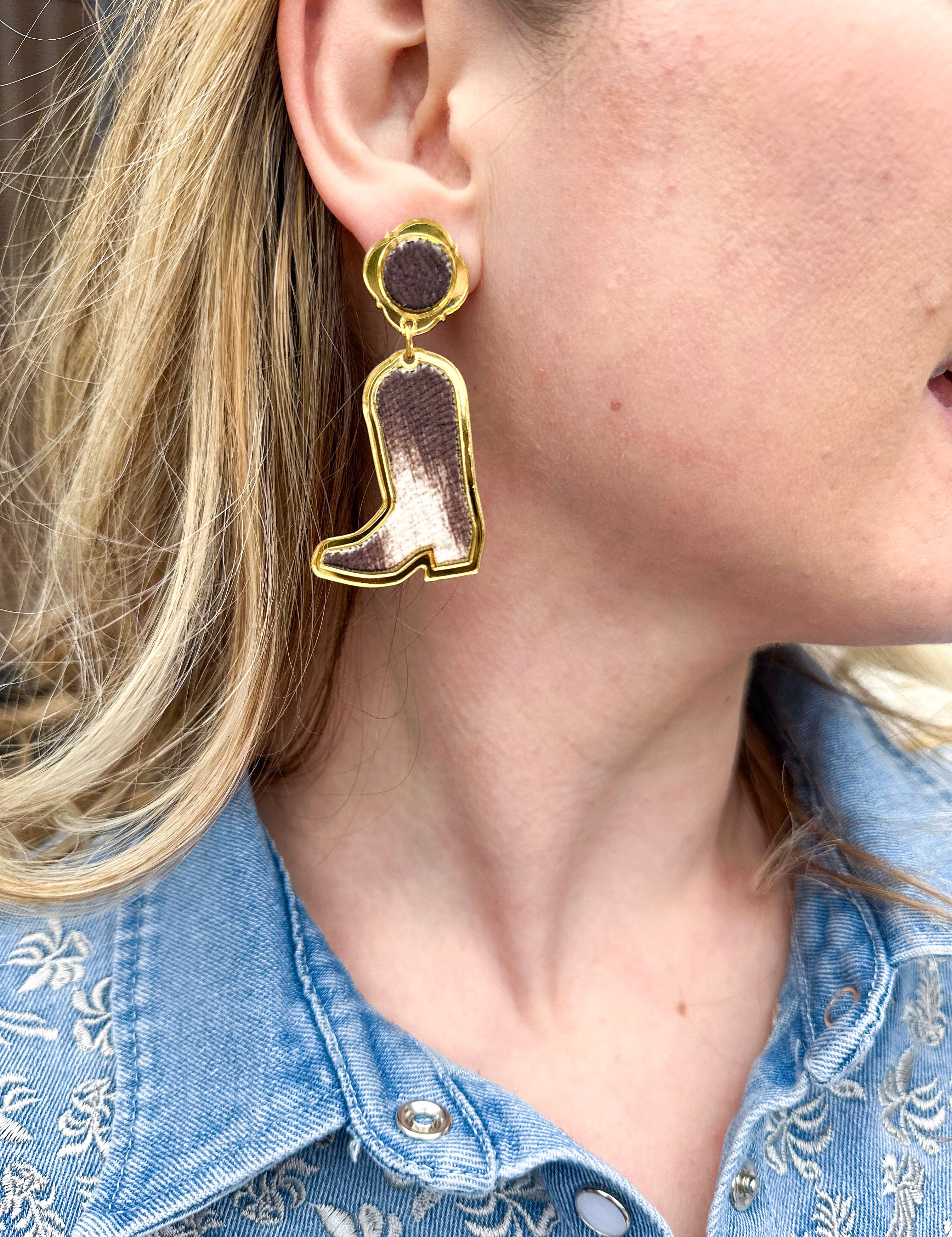 Bohemian Gemme - Donna Cowgirl Boot Earrings - Cowhide-110 Jewelry & Hair-Bohemian Gemme-July & June Women's Fashion Boutique Located in San Antonio, Texas