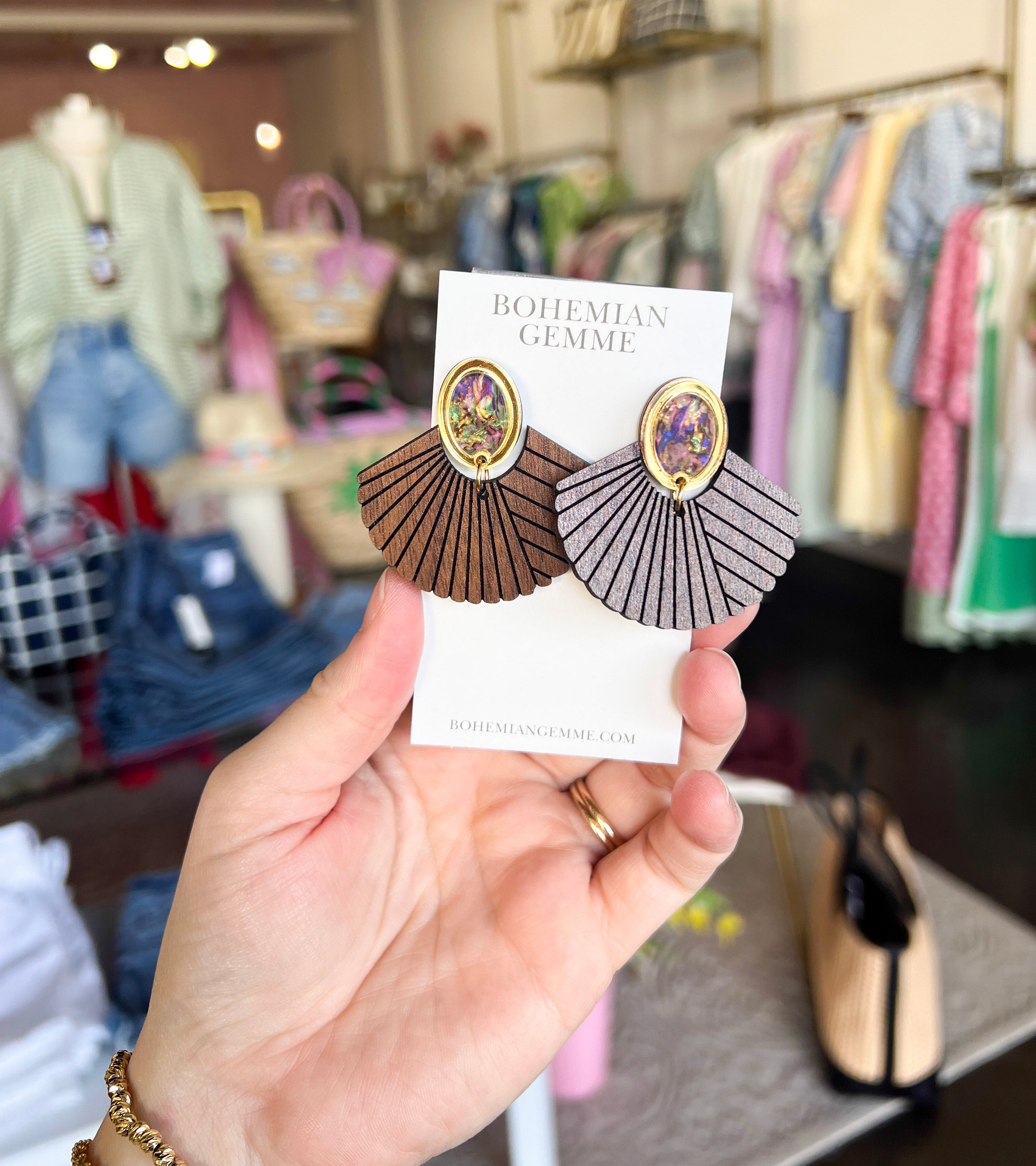 Bohemian Gemme - Bridget Wood Fan Earrings-110 Jewelry & Hair-Bohemian Gemme-July & June Women's Fashion Boutique Located in San Antonio, Texas