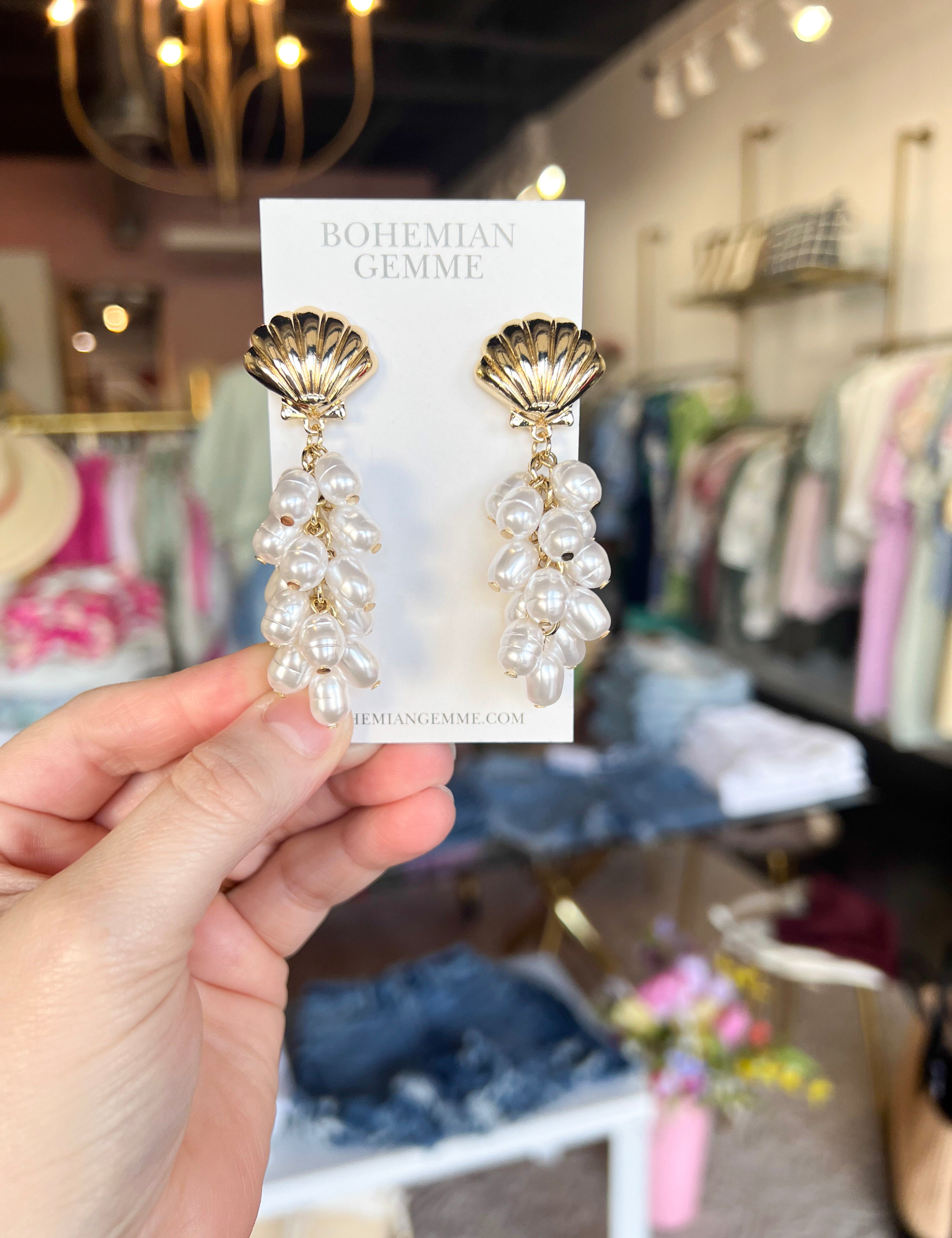 Bohemian Gemme - Seashell Pearl Drop Earrings-110 Jewelry & Hair-Bohemian Gemme-July & June Women's Fashion Boutique Located in San Antonio, Texas