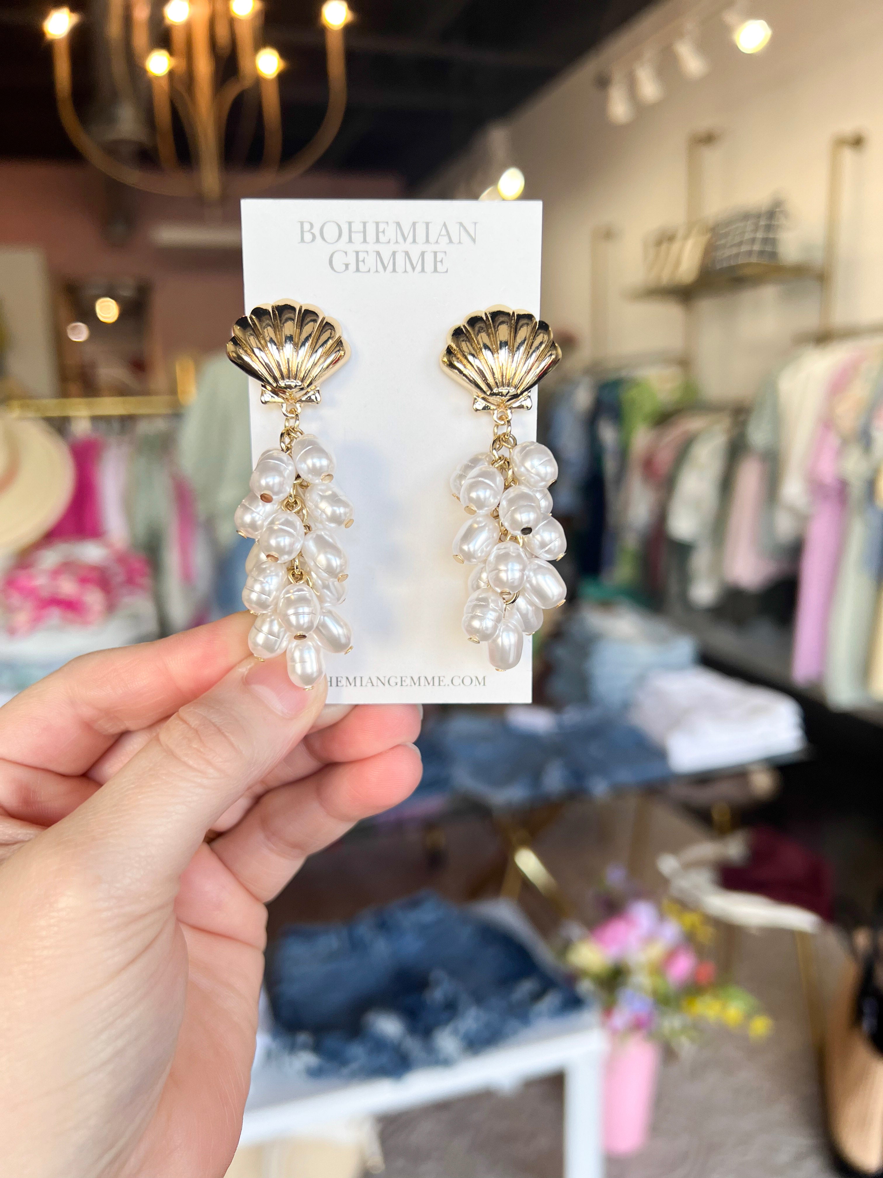 Bohemian Gemme - Seashell Pearl Drop Earrings-110 Jewelry & Hair-Bohemian Gemme-July & June Women's Fashion Boutique Located in San Antonio, Texas