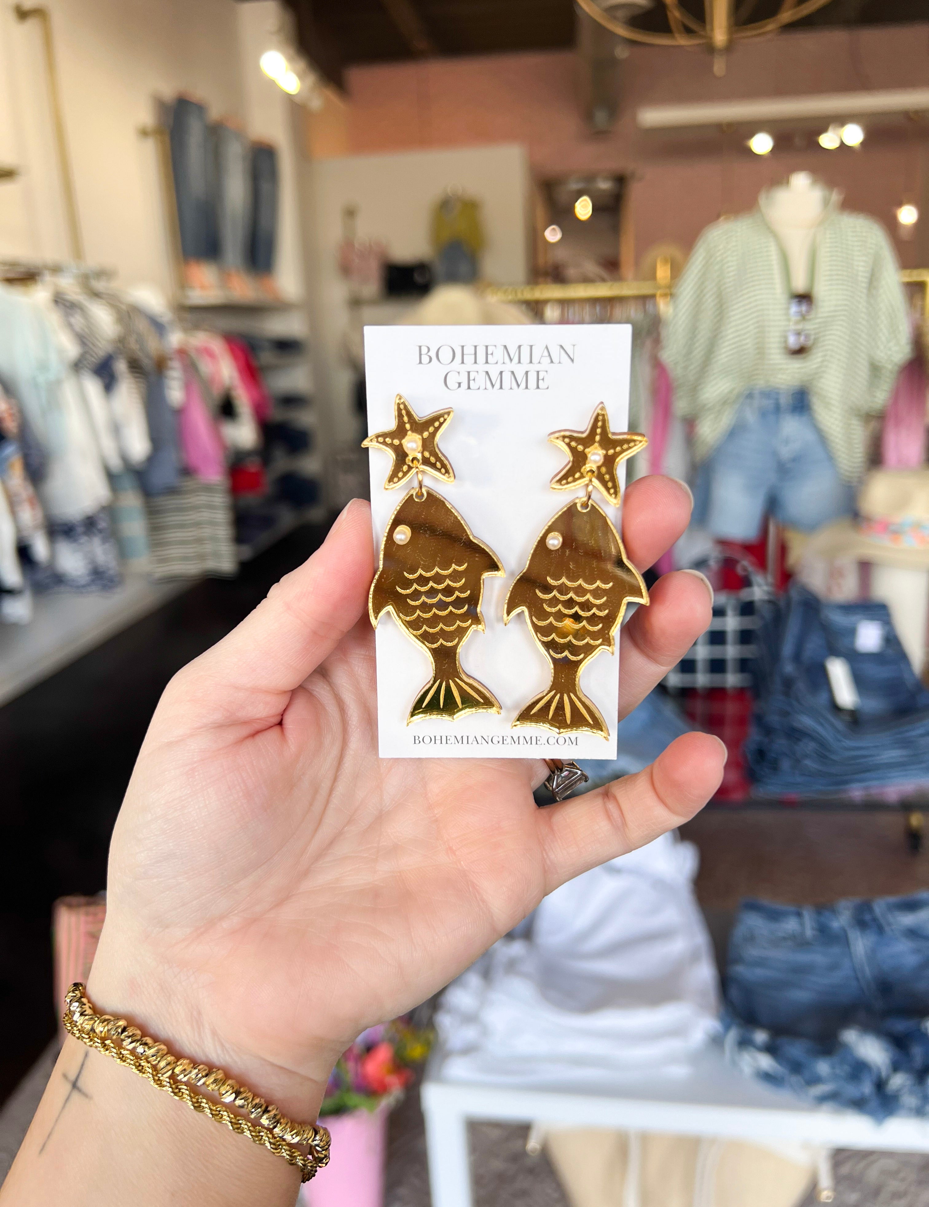 Bohemian Gemme - Golden Fish Dangle Earrings-110 Jewelry & Hair-Bohemian Gemme-July & June Women's Fashion Boutique Located in San Antonio, Texas