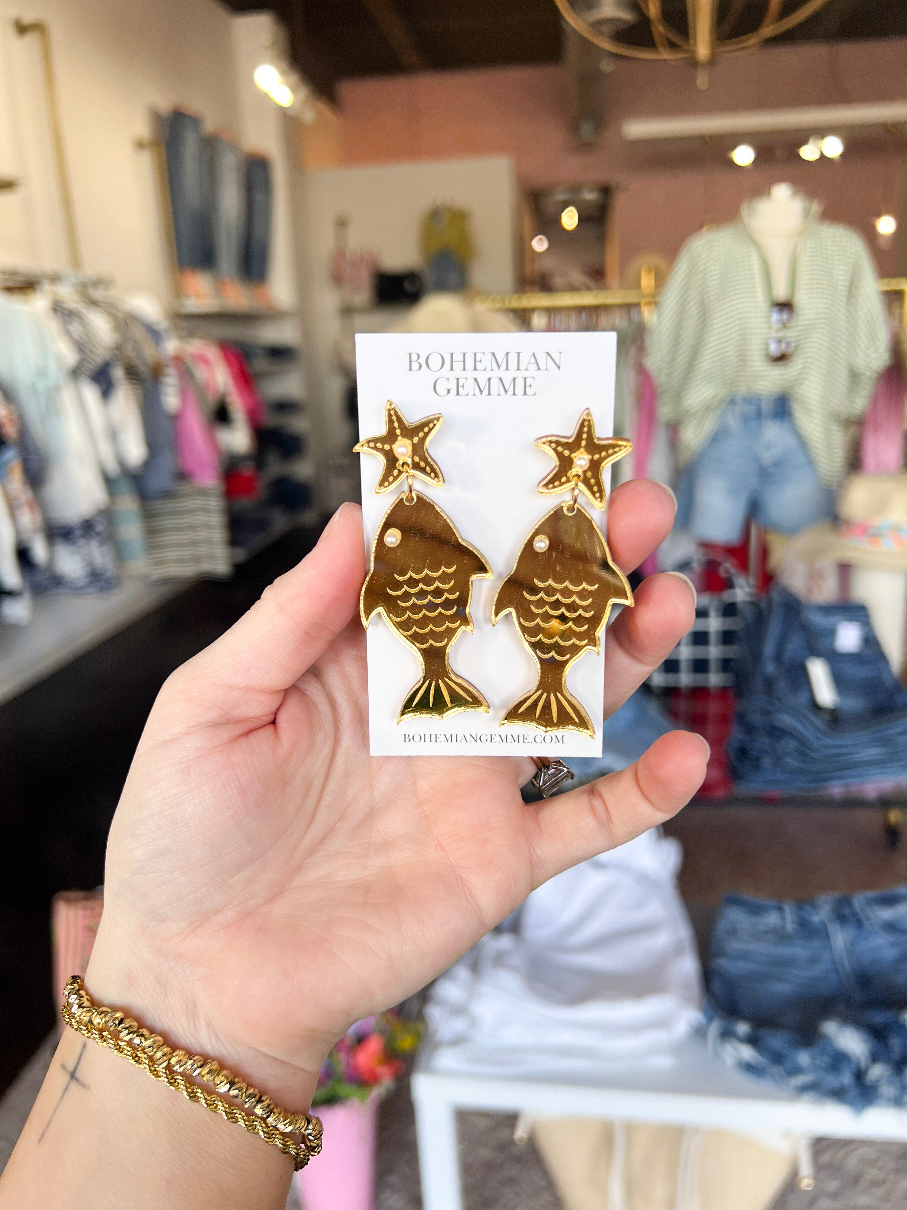 Bohemian Gemme - Golden Fish Dangle Earrings-110 Jewelry & Hair-Bohemian Gemme-July & June Women's Fashion Boutique Located in San Antonio, Texas