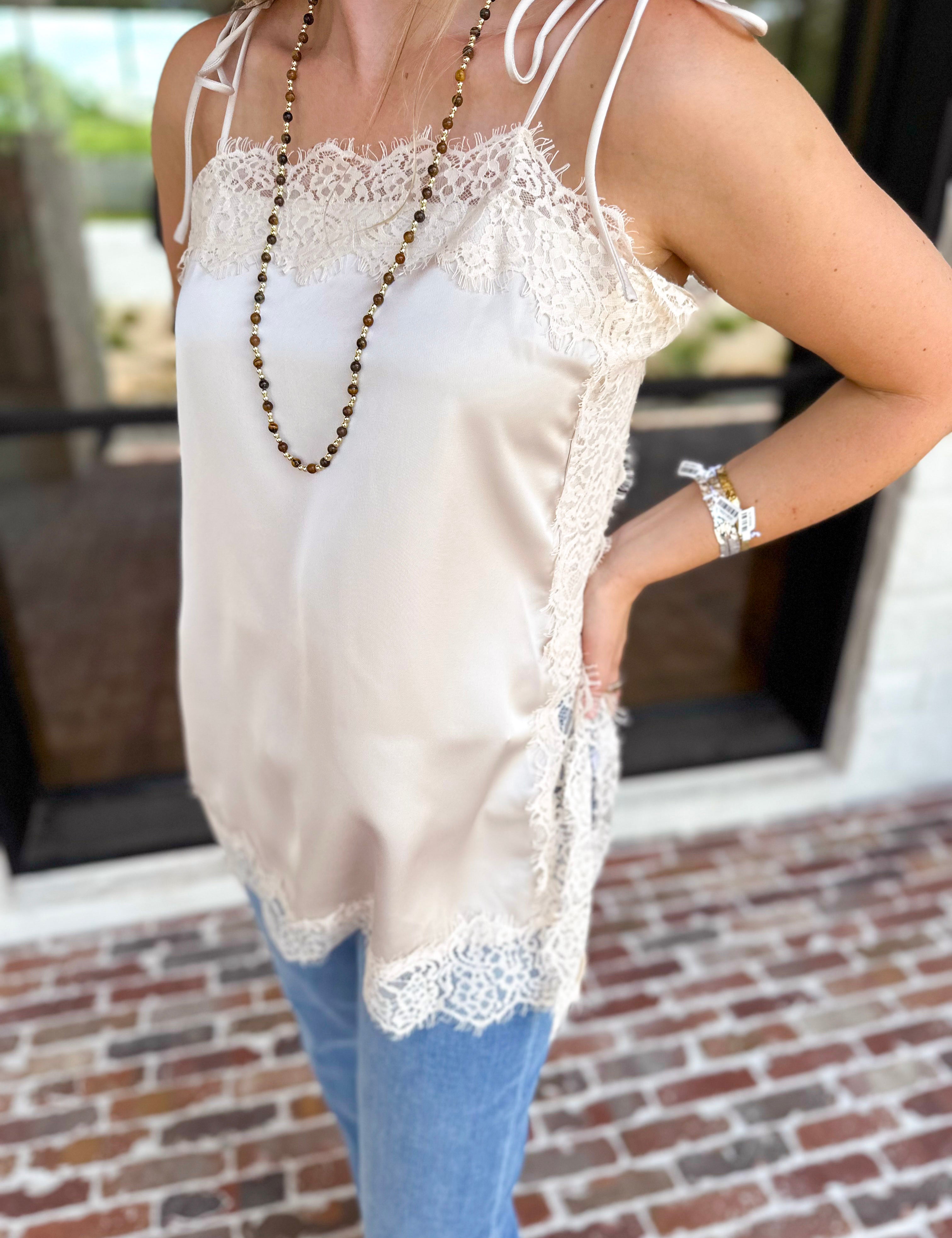 Date Night Lace Cami - Almond-200 Fashion Blouses-ENTRO-July & June Women's Fashion Boutique Located in San Antonio, Texas