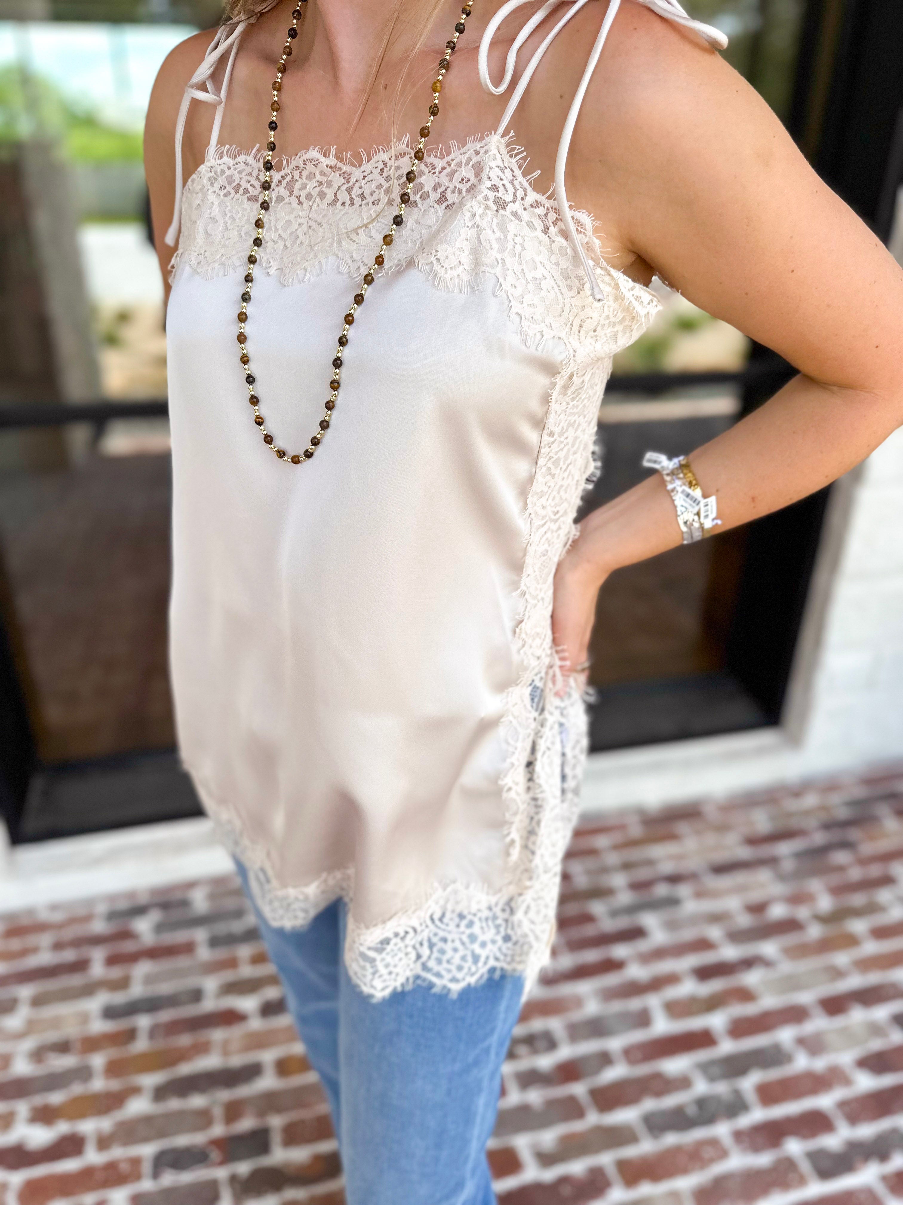 Date Night Lace Cami - Almond-200 Fashion Blouses-ENTRO-July & June Women's Fashion Boutique Located in San Antonio, Texas