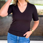 Liverpool - Double Layer V-Neck Top - Black-210 Casual Blouses-LIVERPOOL JEANS COMPANY-July & June Women's Fashion Boutique Located in San Antonio, Texas