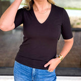 Liverpool - Double Layer V-Neck Top - Black-210 Casual Blouses-LIVERPOOL JEANS COMPANY-July & June Women's Fashion Boutique Located in San Antonio, Texas