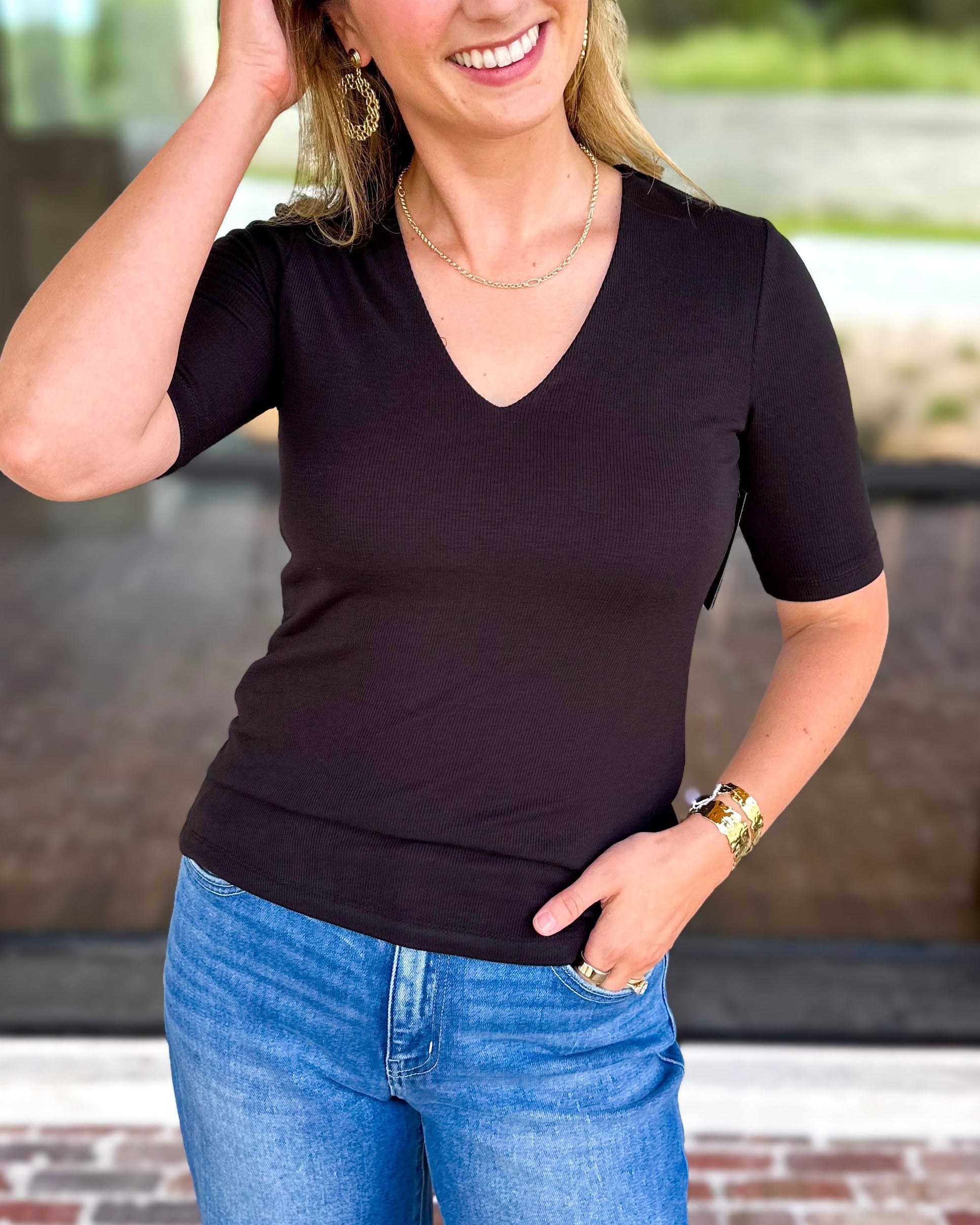 Liverpool - Double Layer V-Neck Top - Black-210 Casual Blouses-LIVERPOOL JEANS COMPANY-July & June Women's Fashion Boutique Located in San Antonio, Texas