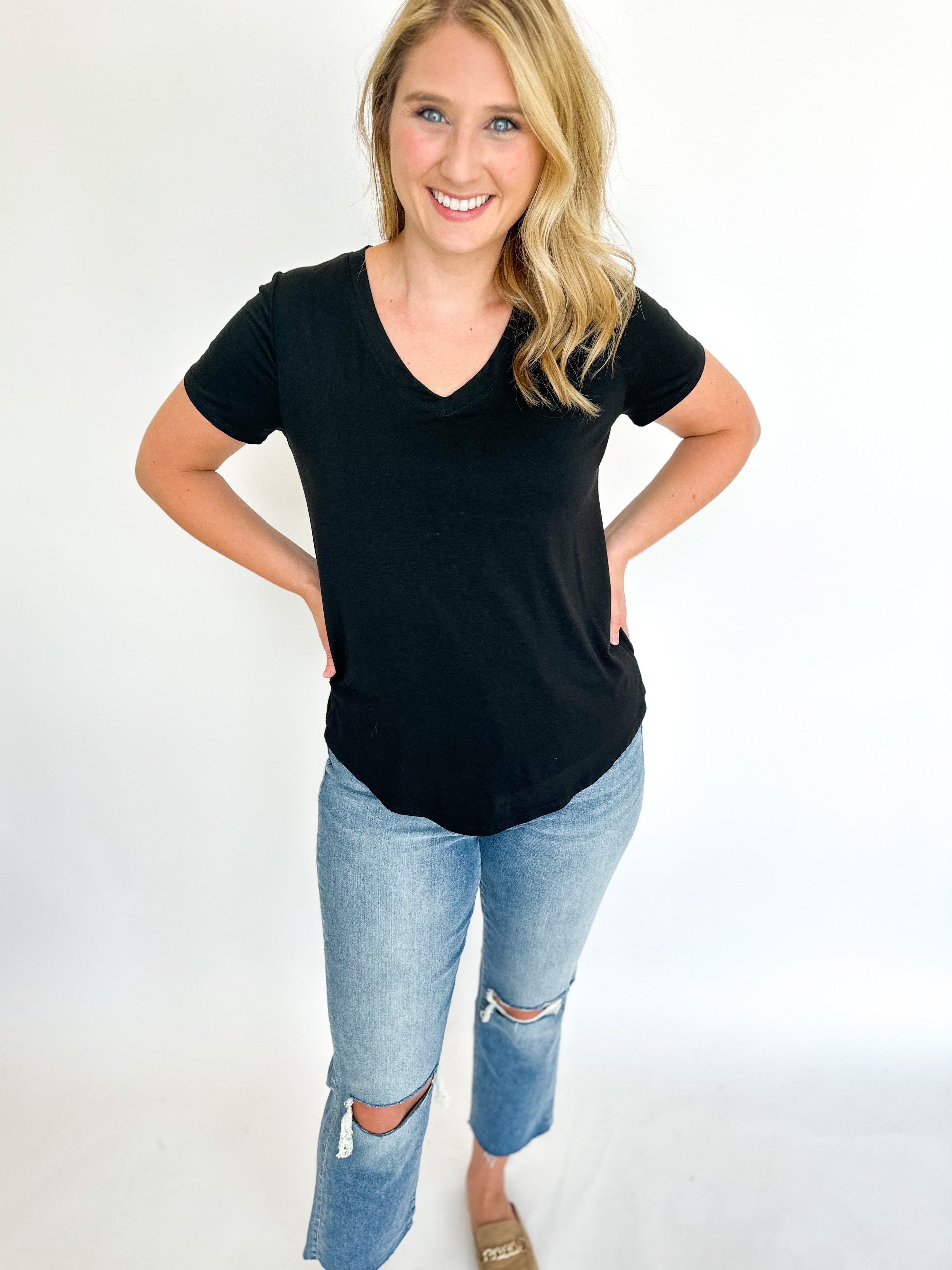 Classic V-Neck Tee - Black-210 Casual Blouses-WASABI + MINT-July & June Women's Fashion Boutique Located in San Antonio, Texas