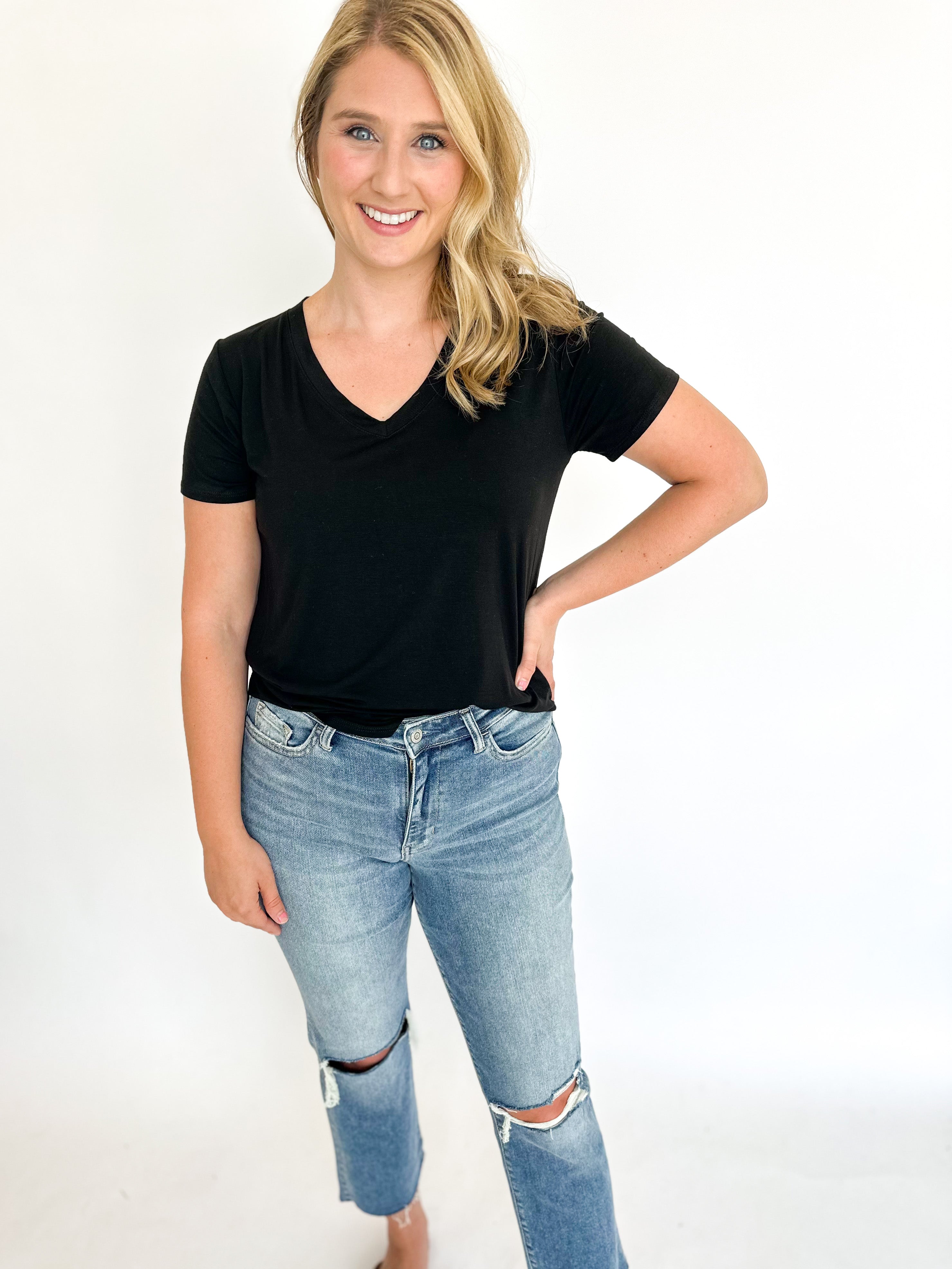 Classic V-Neck Tee - Black-210 Casual Blouses-WASABI + MINT-July & June Women's Fashion Boutique Located in San Antonio, Texas