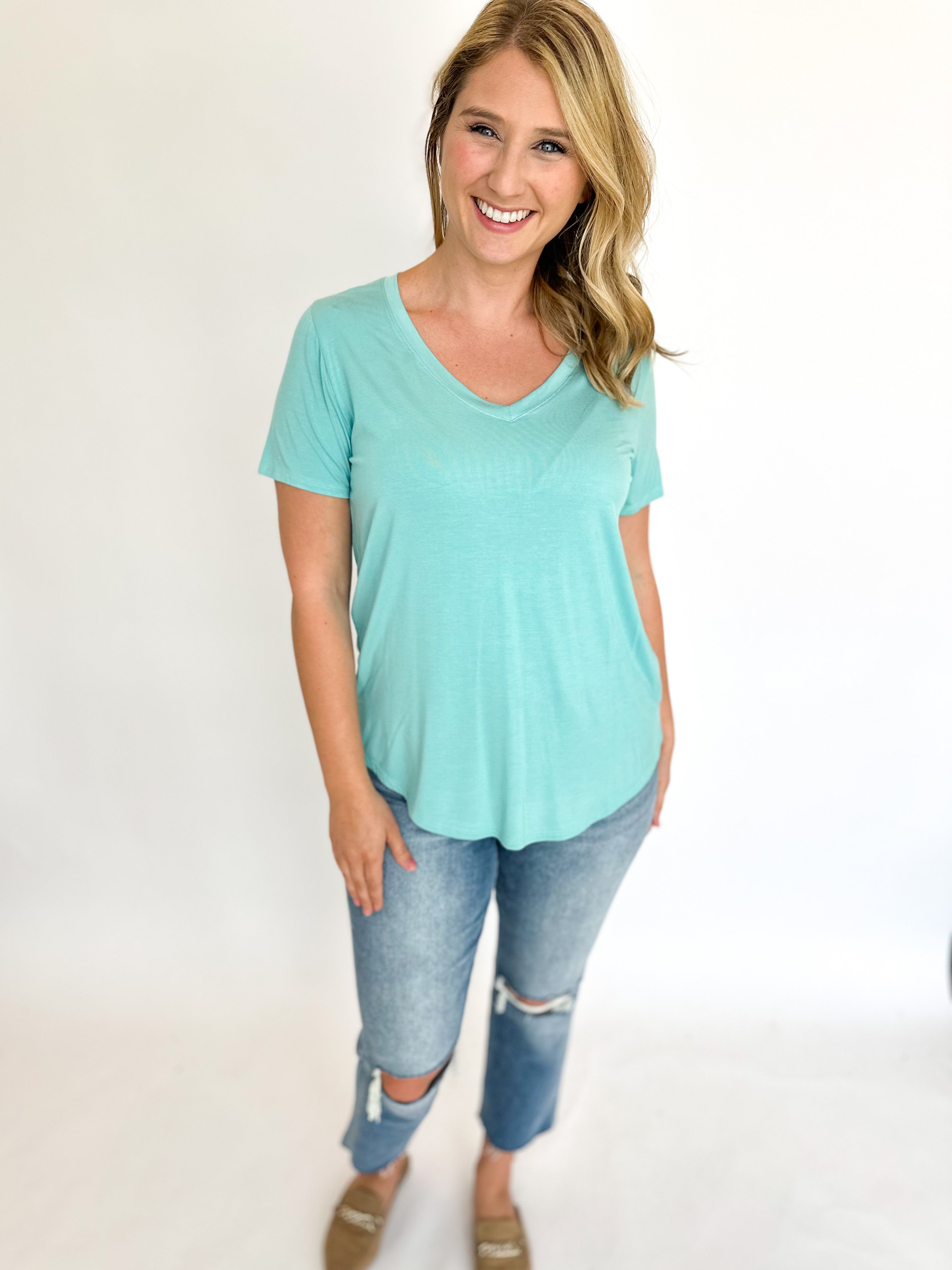 Classic V-Neck Tee - Teal-210 Casual Blouses-WASABI + MINT-July & June Women's Fashion Boutique Located in San Antonio, Texas