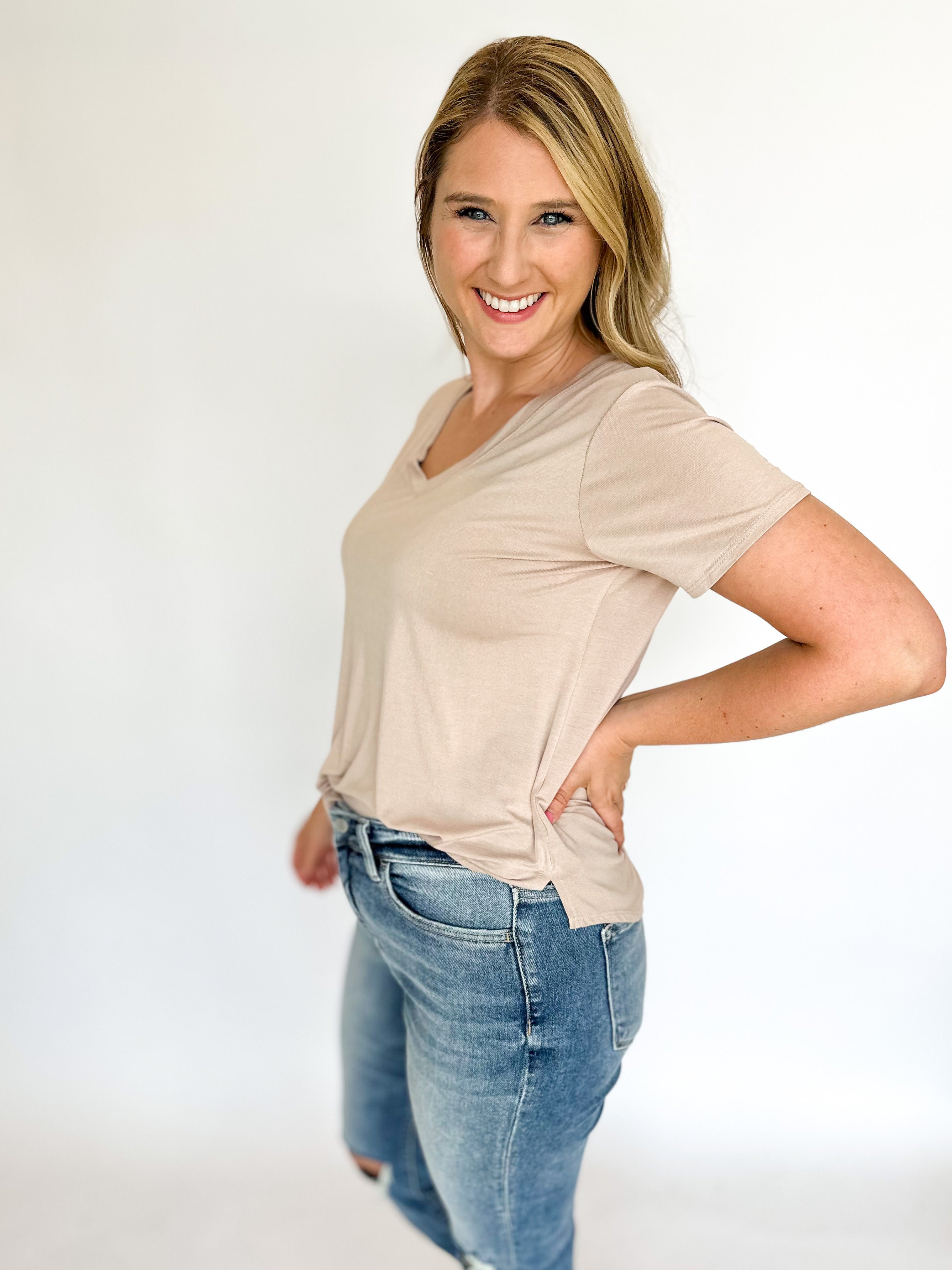 Classic V-Neck Tee - Taupe-210 Casual Blouses-WASABI + MINT-July & June Women's Fashion Boutique Located in San Antonio, Texas