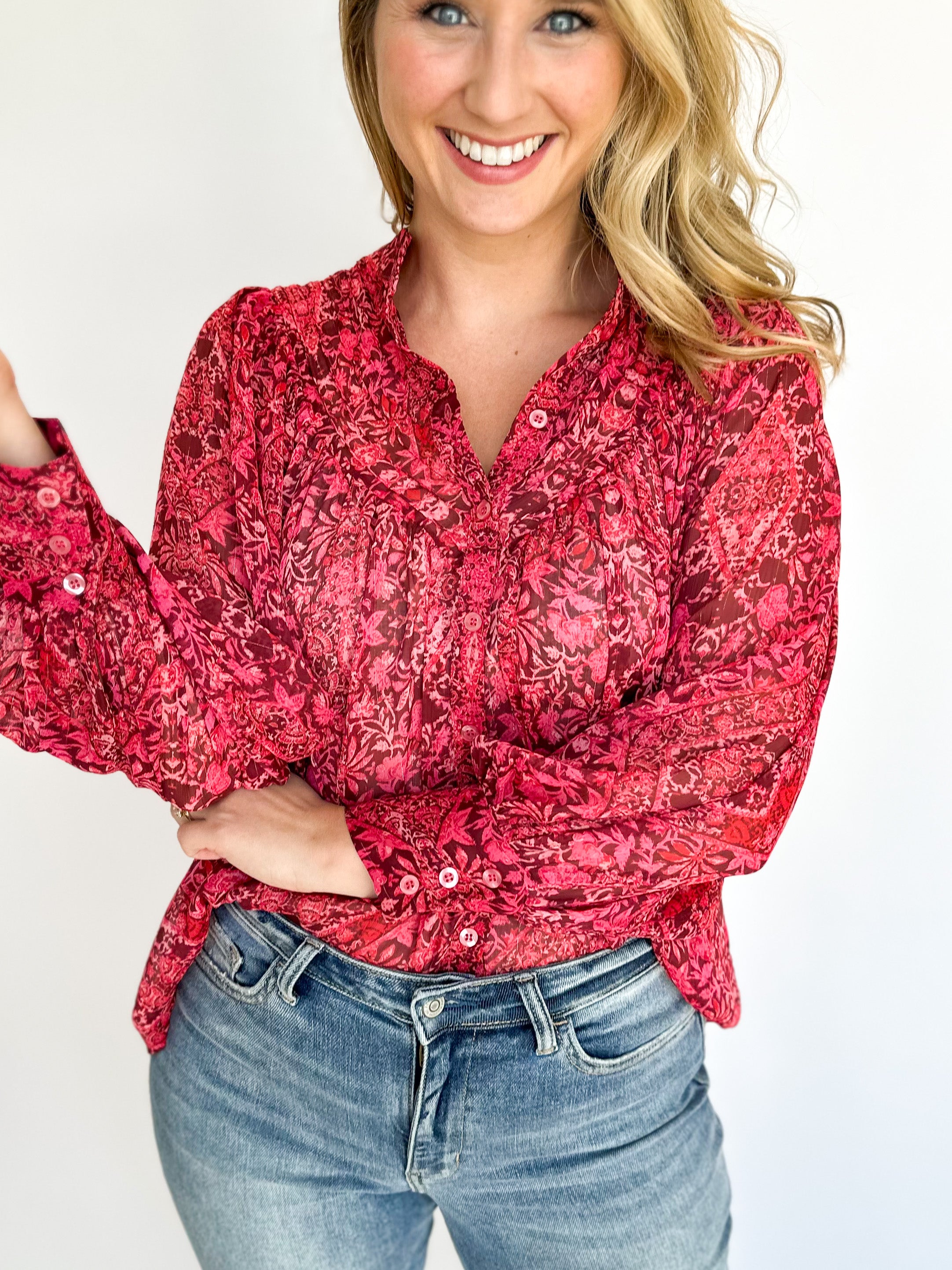 Burgundy Fall Floral Blouse-200 Fashion Blouses-OLIVACEOUS-July & June Women's Fashion Boutique Located in San Antonio, Texas