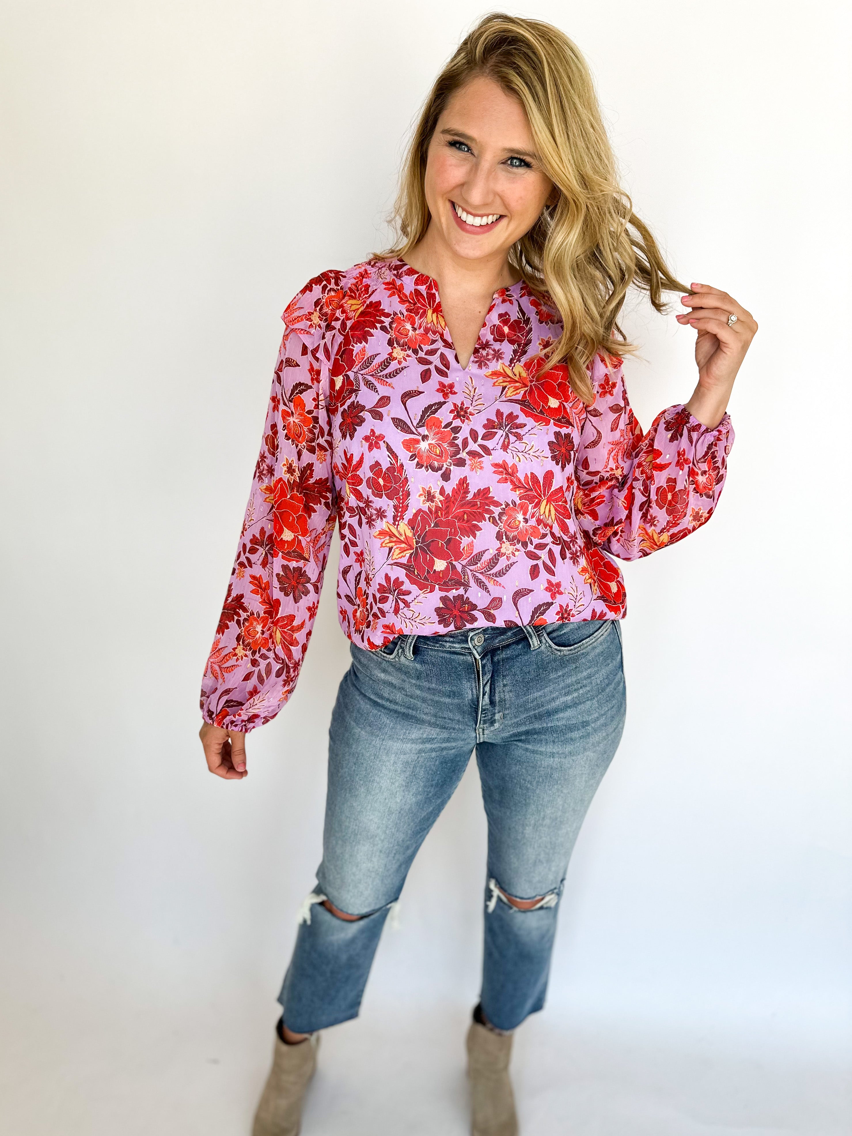 Lavender Floral Blouse-200 Fashion Blouses-SKIES ARE BLUE-July & June Women's Fashion Boutique Located in San Antonio, Texas