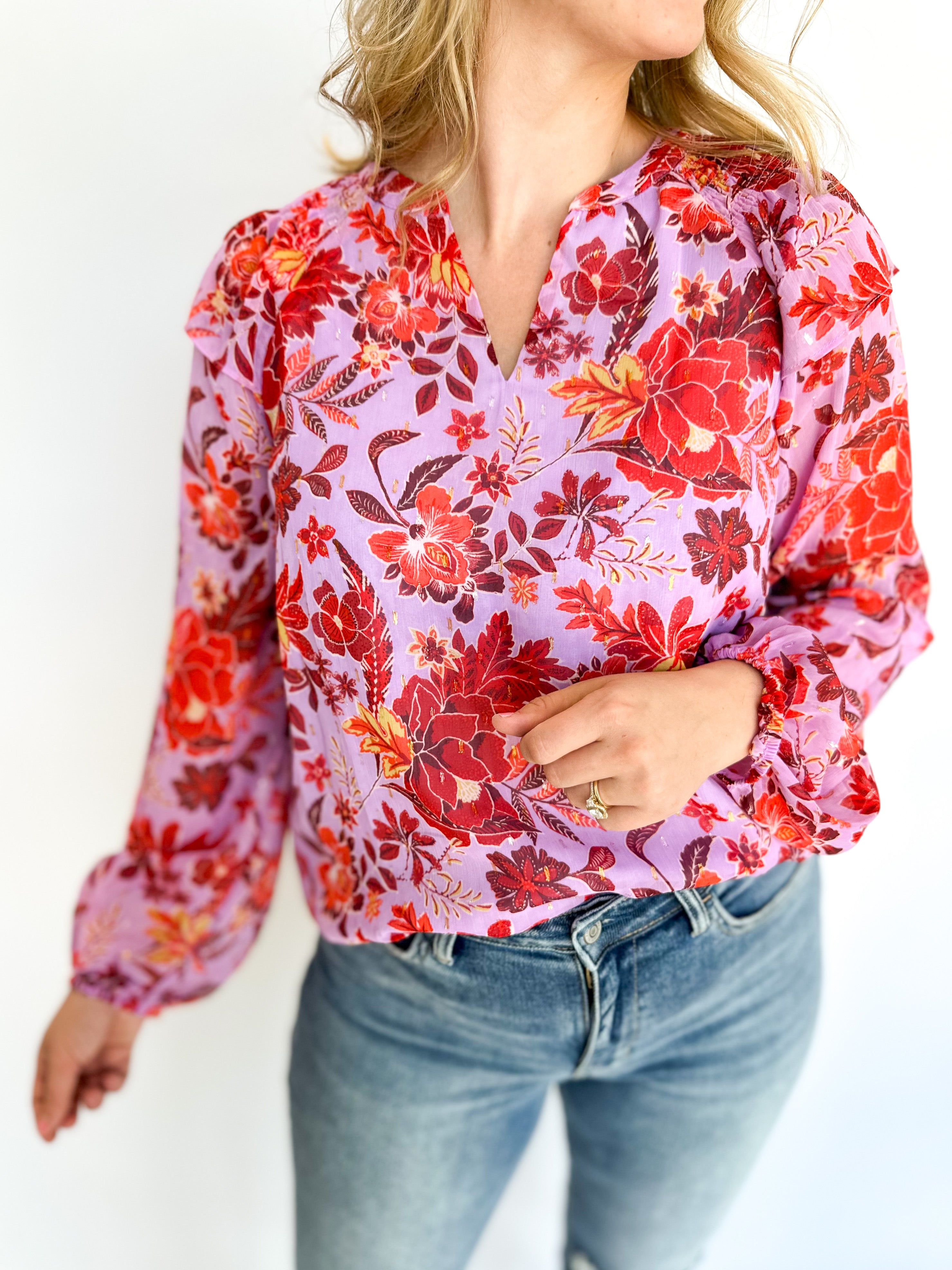Lavender Floral Blouse-200 Fashion Blouses-SKIES ARE BLUE-July & June Women's Fashion Boutique Located in San Antonio, Texas