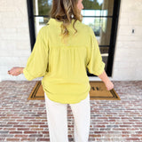 Gauze Button Down Blouse - Chartreuse-200 Fashion Blouses-IN FEBRUARY-July & June Women's Fashion Boutique Located in San Antonio, Texas