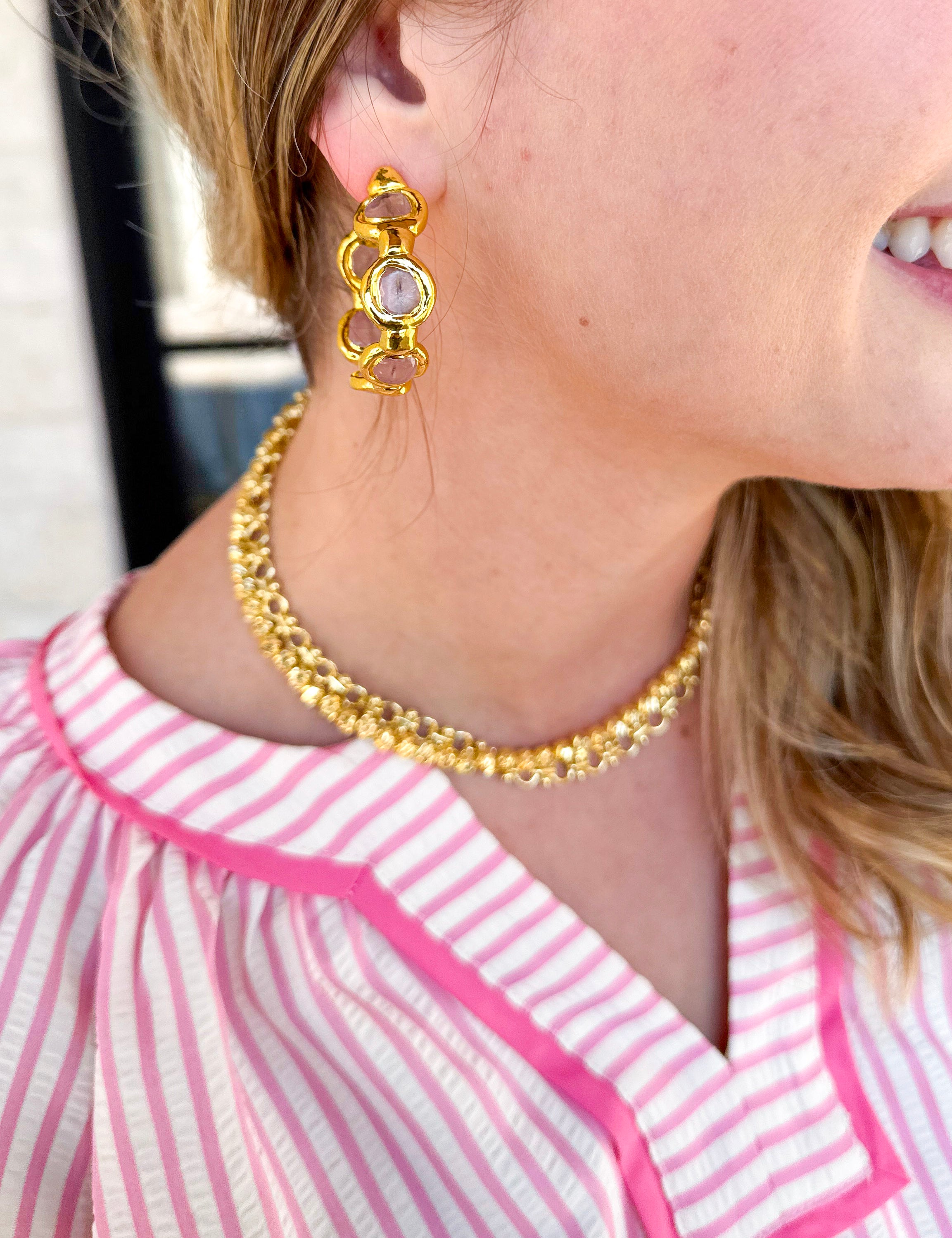 Easton Elle - Paradise Pearl Hoop Earrings - Pink Rose Quartz-110 Jewelry & Hair-Easton Elle-July & June Women's Fashion Boutique Located in San Antonio, Texas