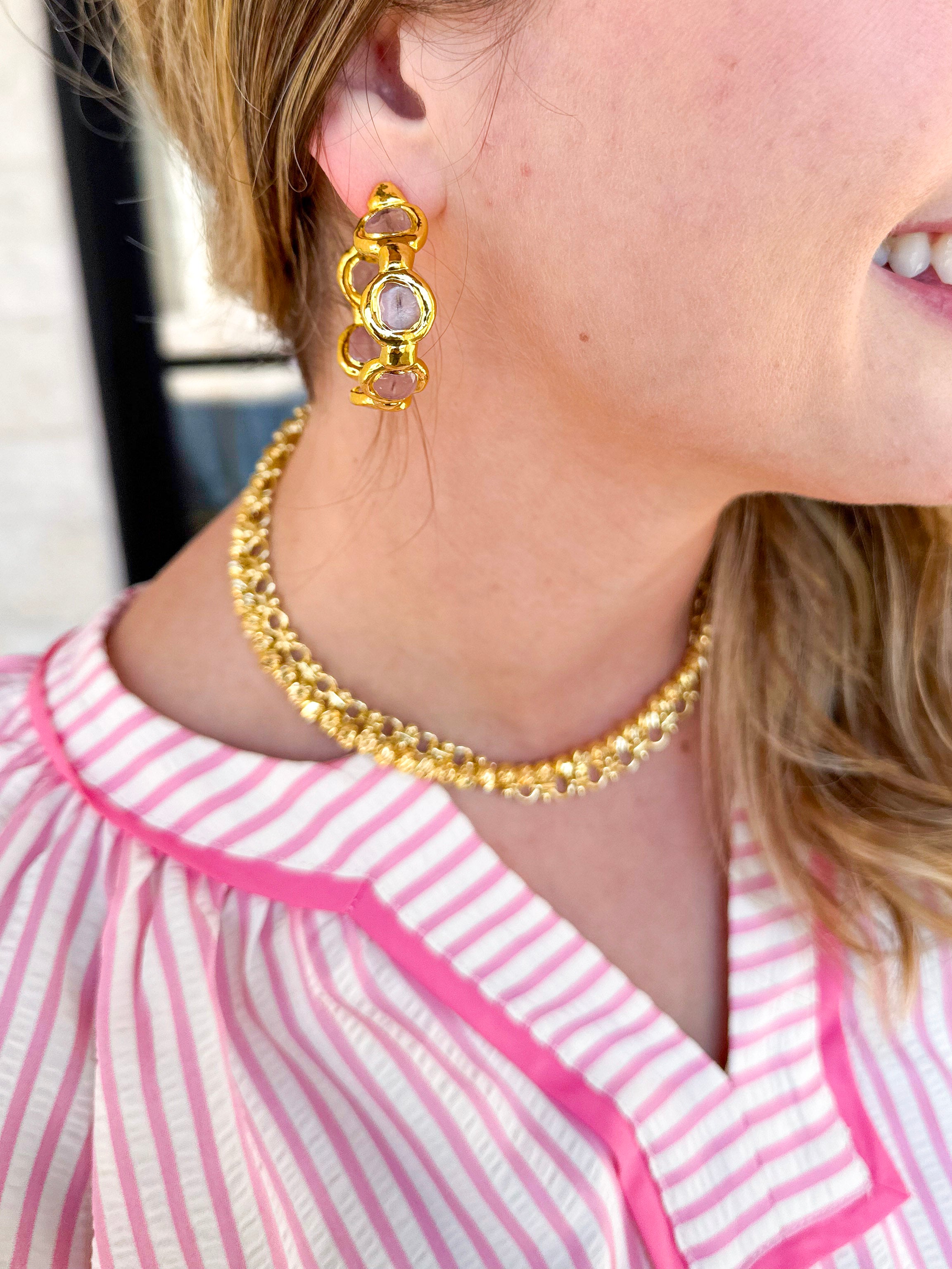 Easton Elle - Paradise Pearl Hoop Earrings - Pink Rose Quartz-110 Jewelry & Hair-Easton Elle-July & June Women's Fashion Boutique Located in San Antonio, Texas