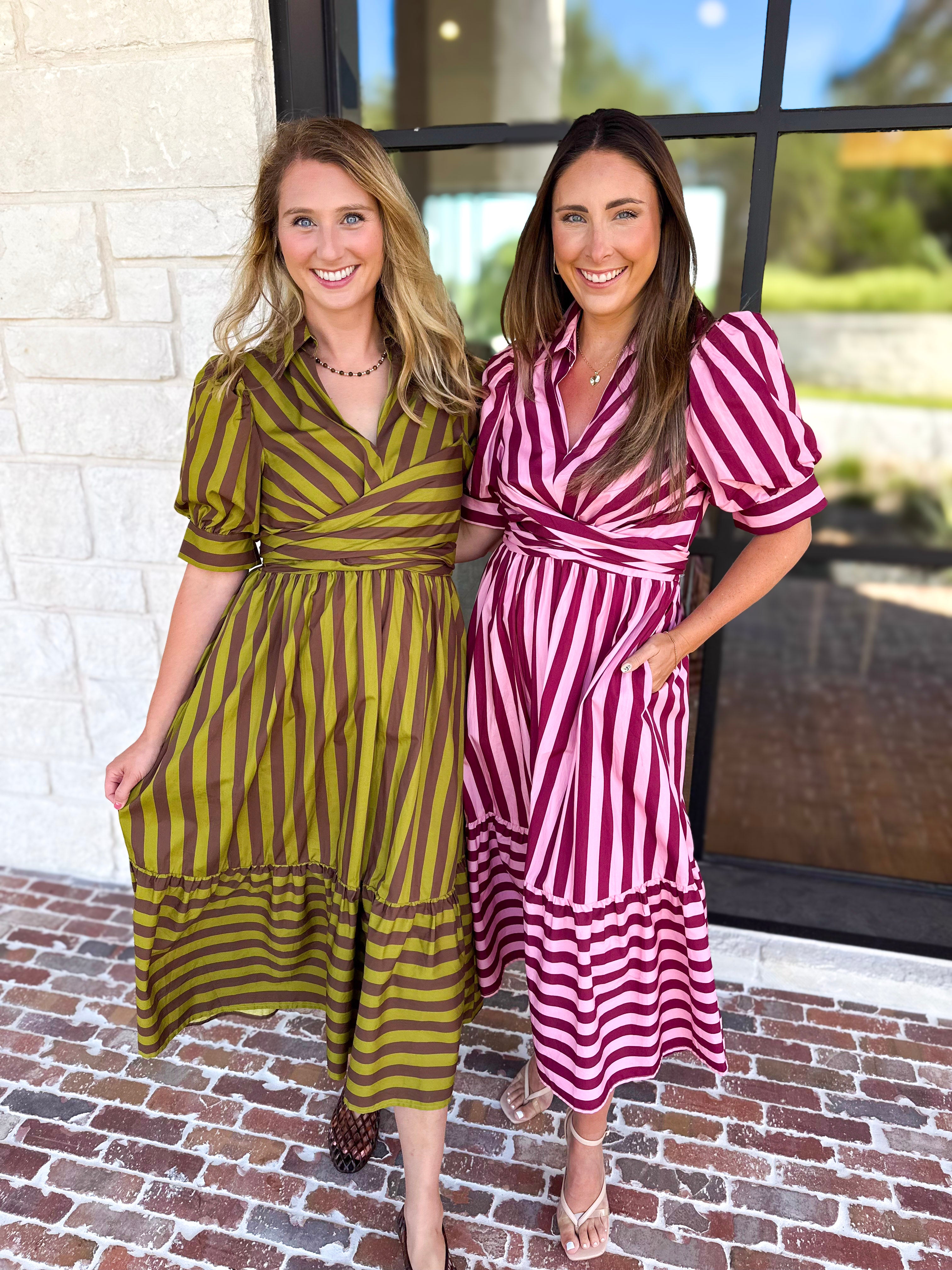 Color Drench Striped Midi Dress - Martini Olive-500 Midi-ENTRO-July & June Women's Fashion Boutique Located in San Antonio, Texas
