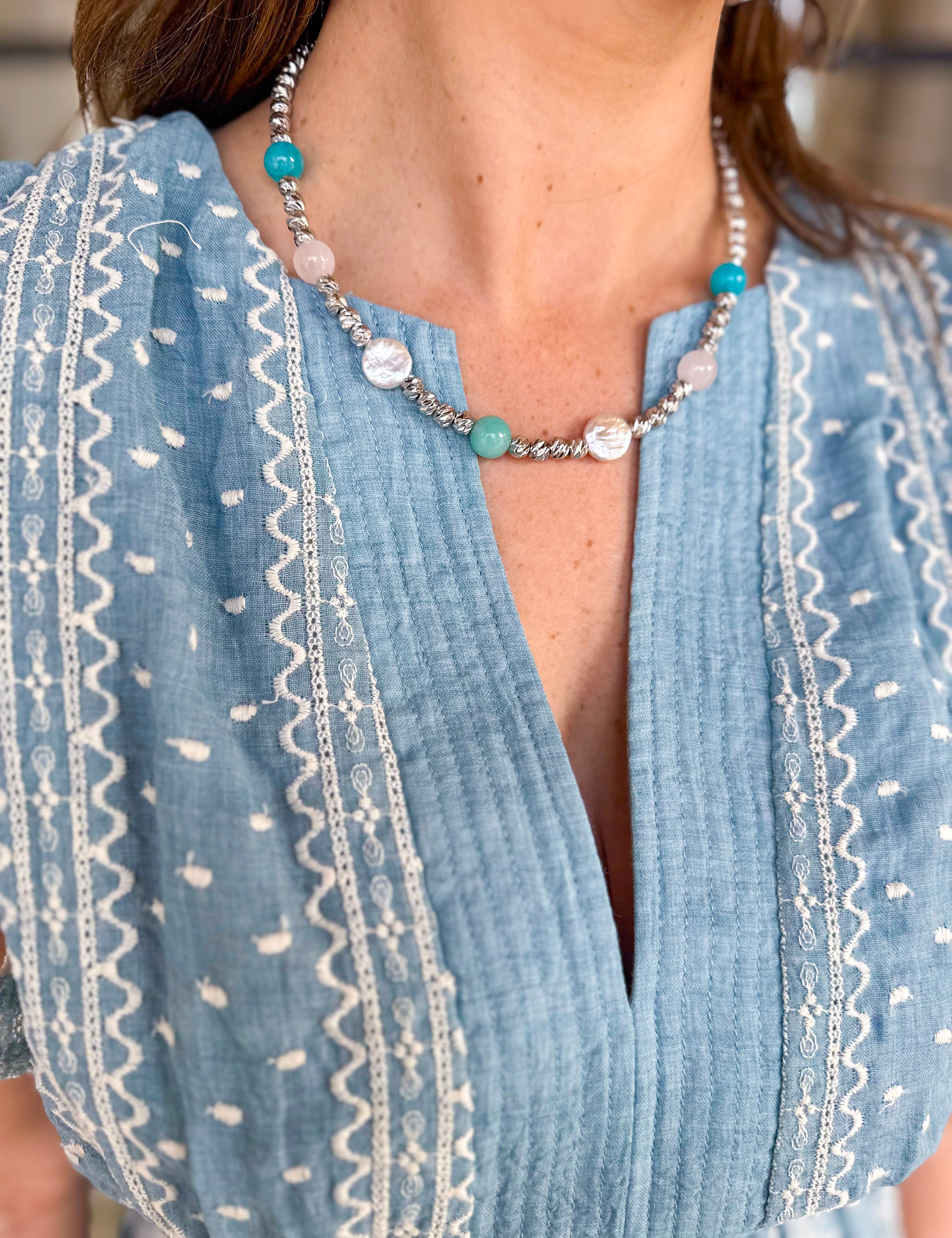 Easton Elle - Beam Multi Stone Necklace - Silver-110 Jewelry & Hair-Easton Elle-July & June Women's Fashion Boutique Located in San Antonio, Texas