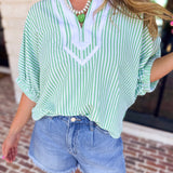 Seersucker Sweet Blouse - Light Green-200 Fashion Blouses-ENTRO-July & June Women's Fashion Boutique Located in San Antonio, Texas