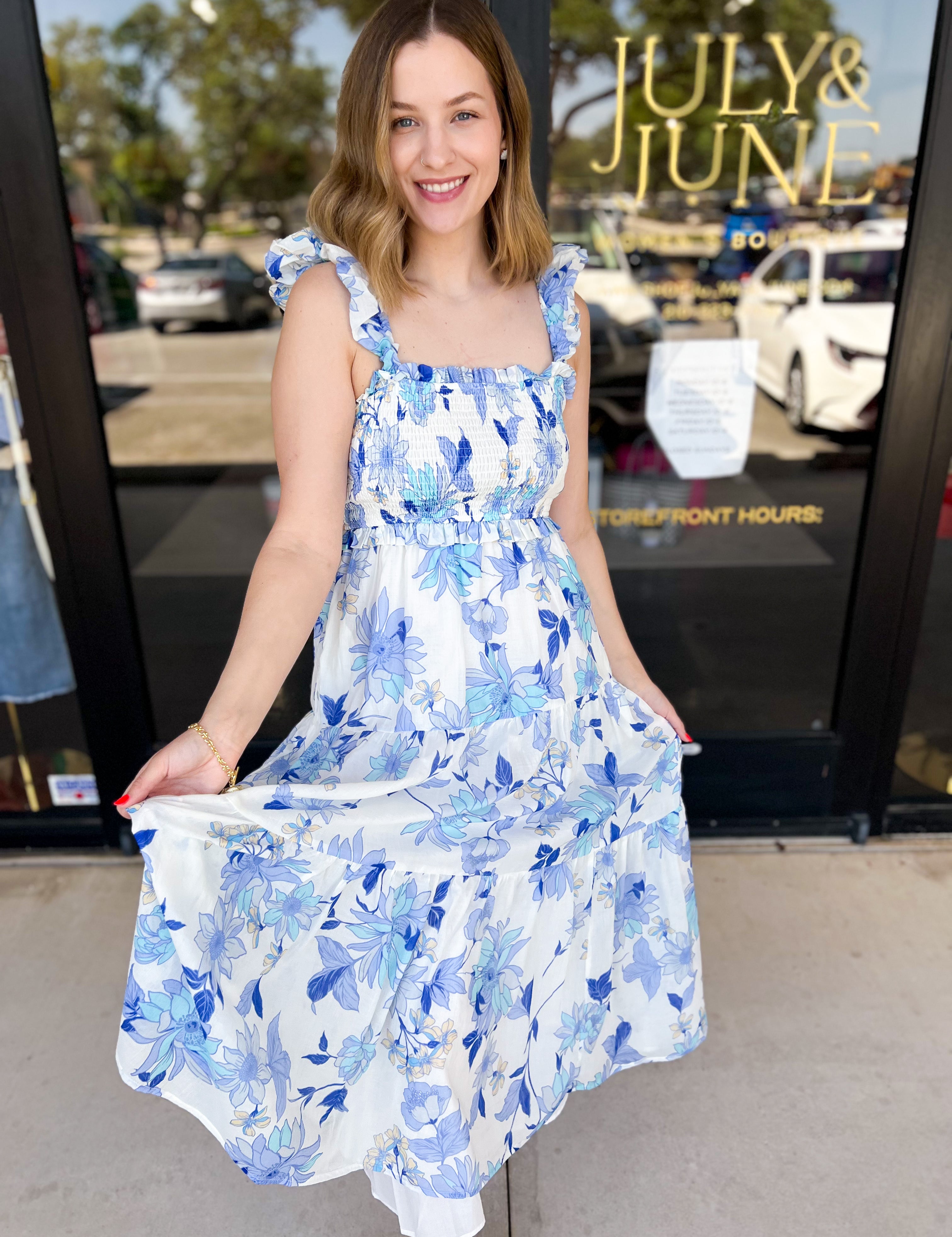 Whimsy Blue Floral Midi Dress-500 Midi-FATE-July & June Women's Fashion Boutique Located in San Antonio, Texas