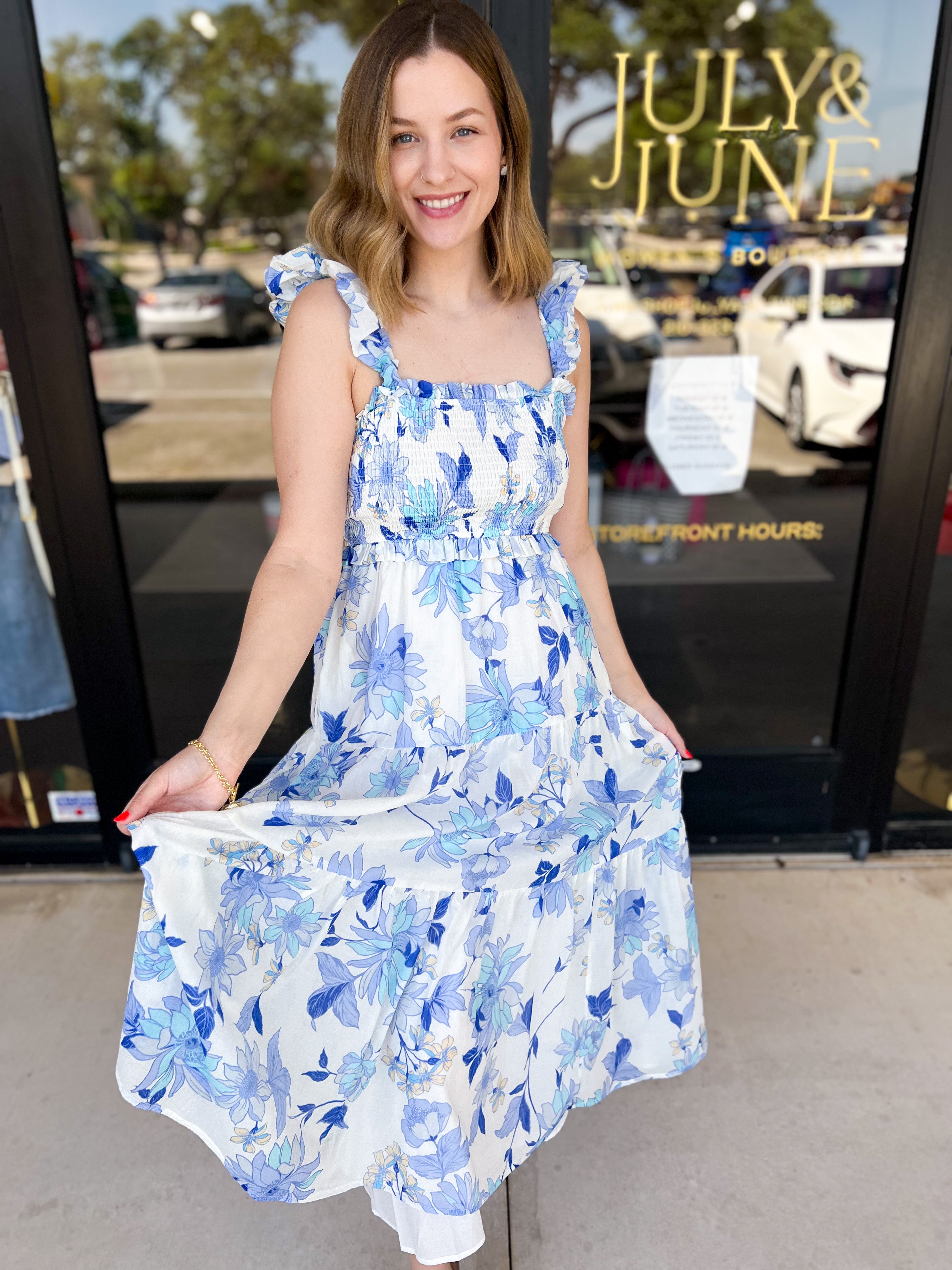 Whimsy Blue Floral Midi Dress-500 Midi-FATE-July & June Women's Fashion Boutique Located in San Antonio, Texas