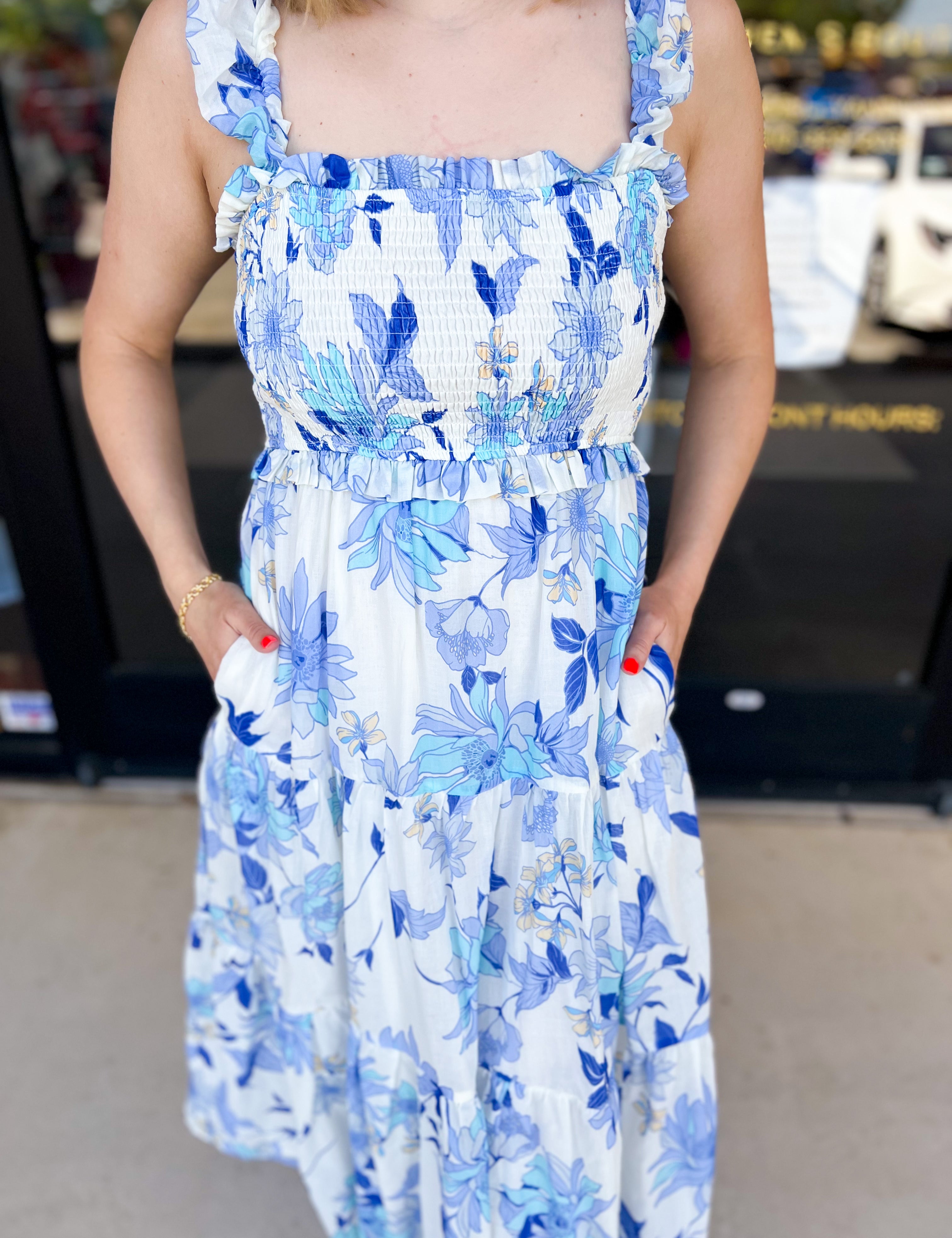 Whimsy Blue Floral Midi Dress-500 Midi-FATE-July & June Women's Fashion Boutique Located in San Antonio, Texas