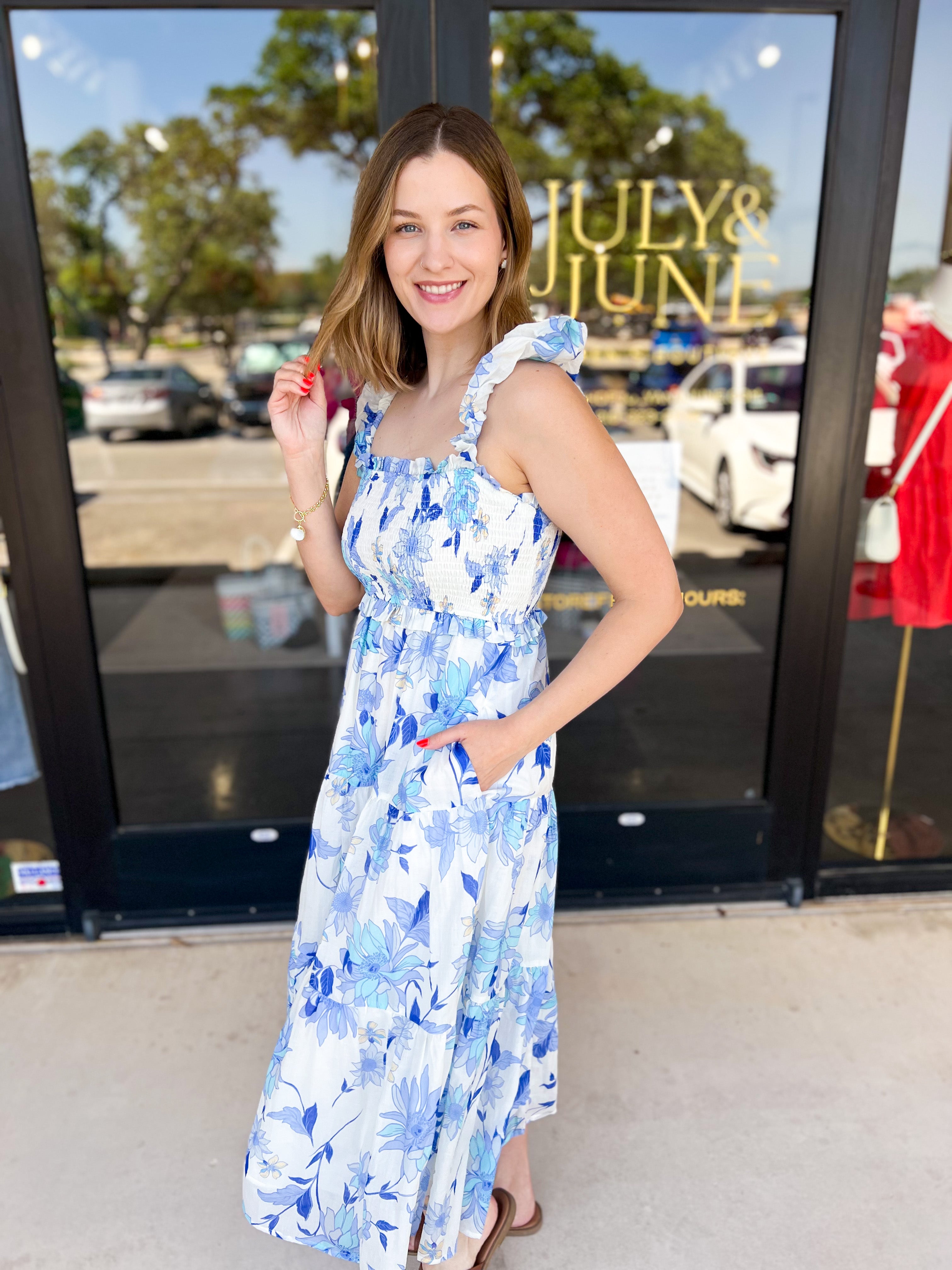 Whimsy Blue Floral Midi Dress-500 Midi-FATE-July & June Women's Fashion Boutique Located in San Antonio, Texas