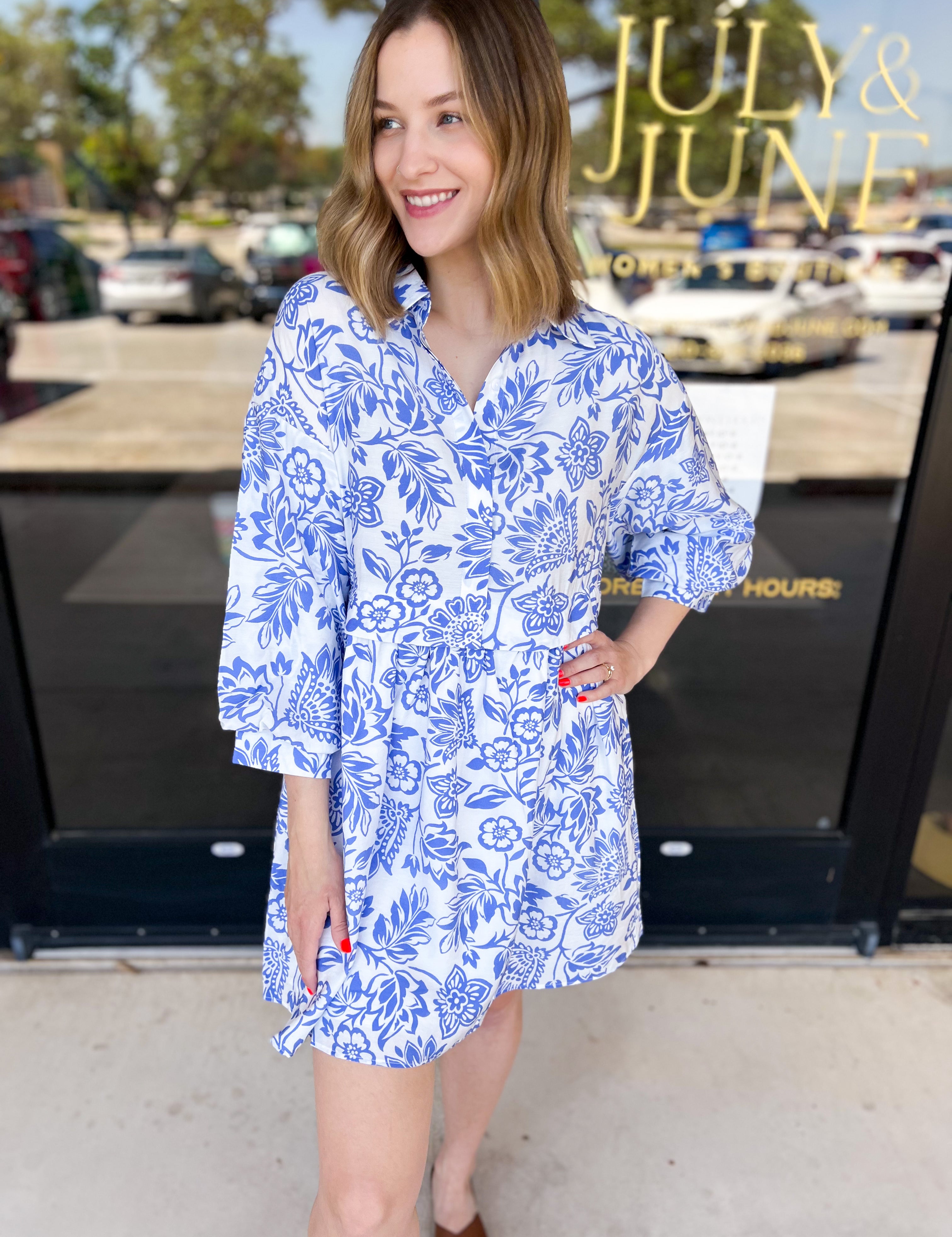 Blue Floral Bliss Mini Dress-510 Mini-FATE-July & June Women's Fashion Boutique Located in San Antonio, Texas