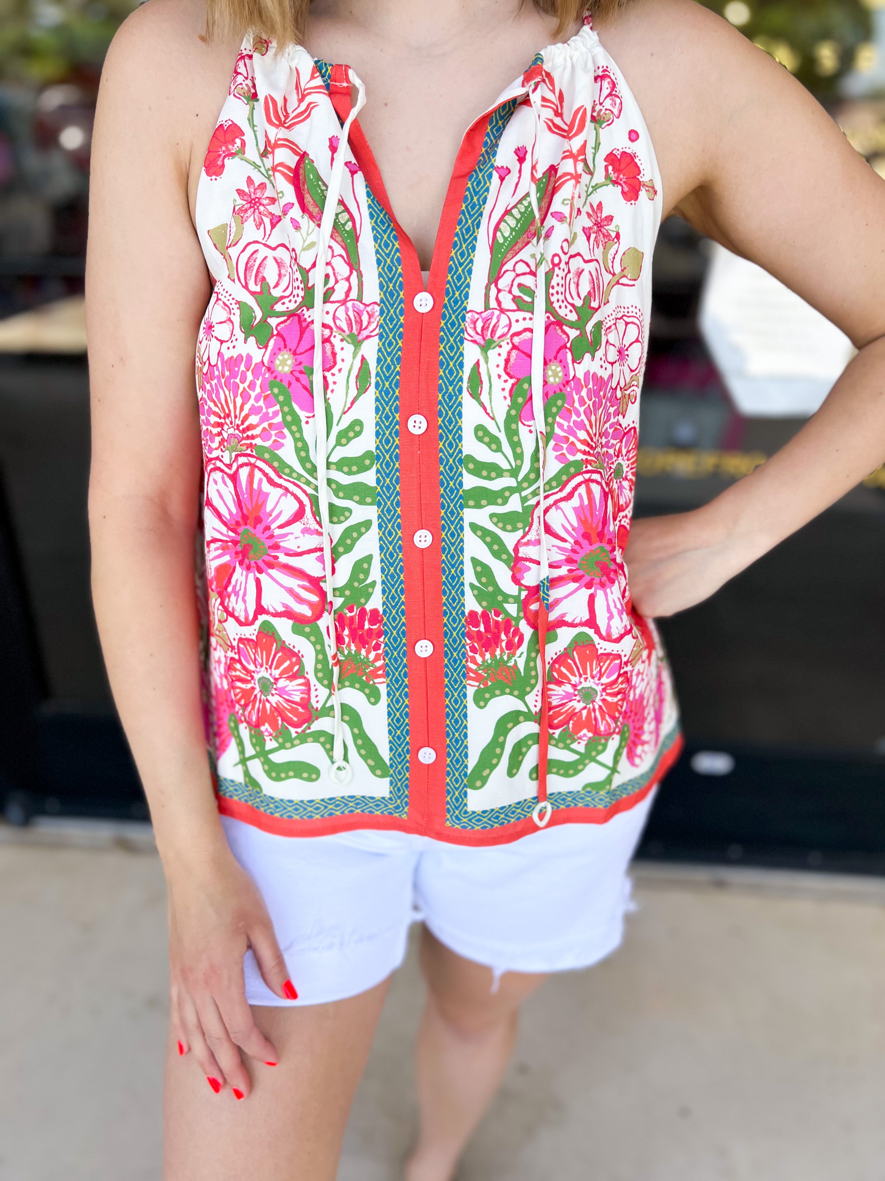 Tropical Floral Halter Cami-200 Fashion Blouses-SKIES ARE BLUE-July & June Women's Fashion Boutique Located in San Antonio, Texas