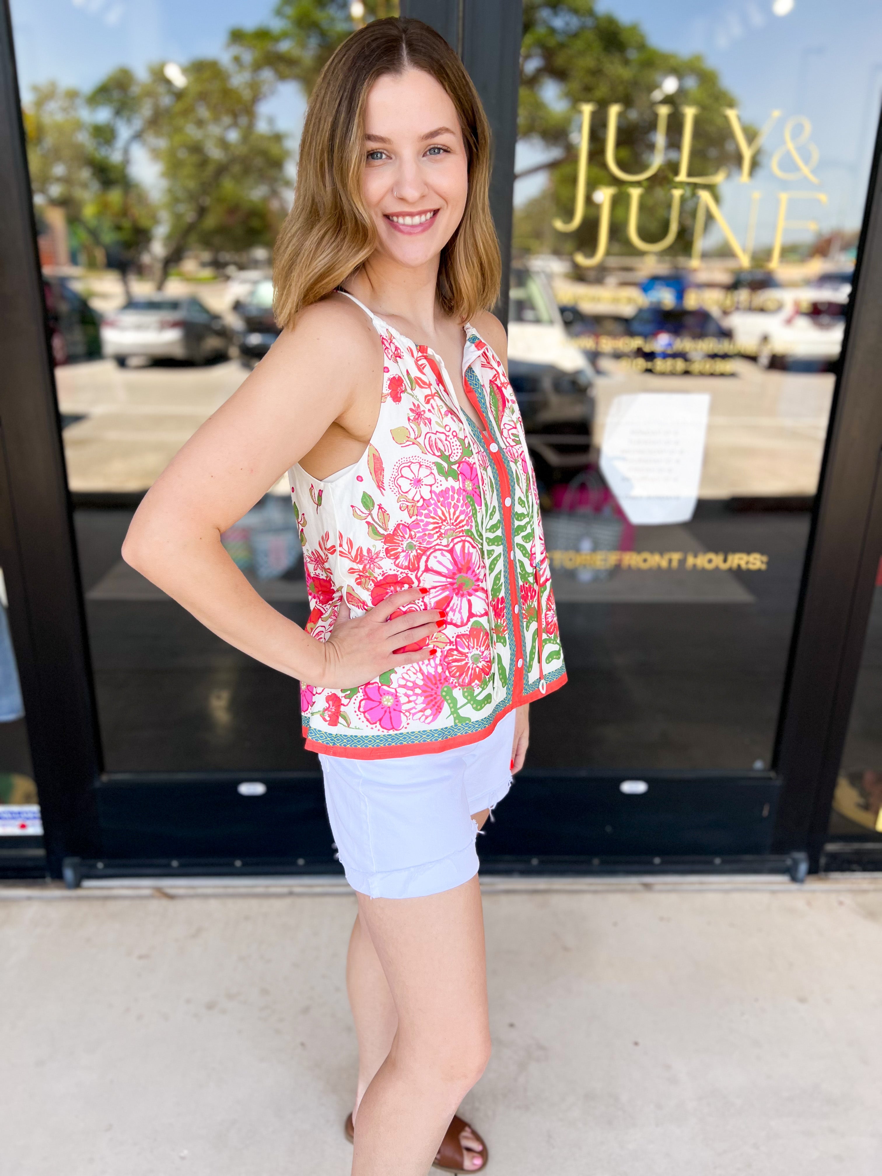 Tropical Floral Halter Cami-200 Fashion Blouses-SKIES ARE BLUE-July & June Women's Fashion Boutique Located in San Antonio, Texas