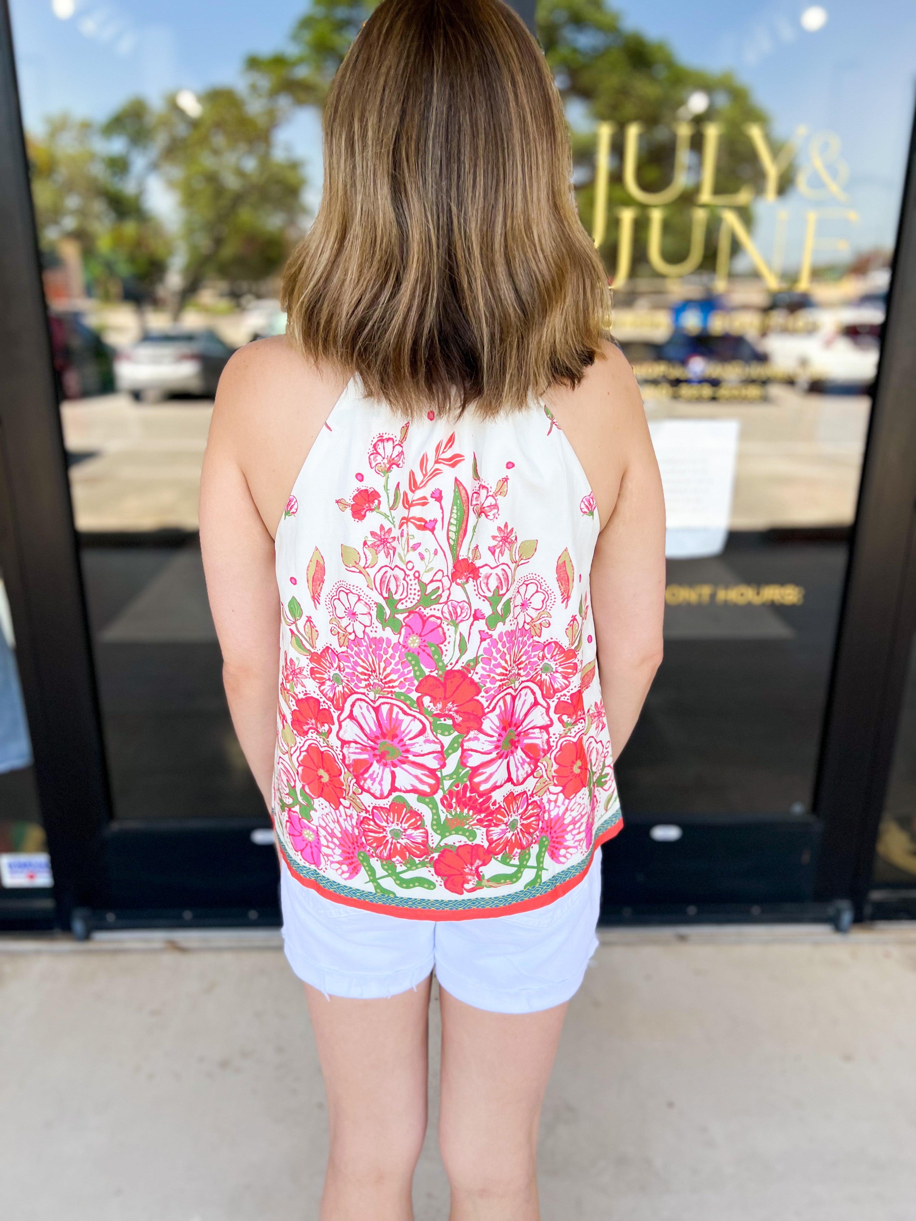 Tropical Floral Halter Cami-200 Fashion Blouses-SKIES ARE BLUE-July & June Women's Fashion Boutique Located in San Antonio, Texas