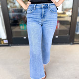 Vervet High Rise Raw Hem Slim Wide Jeans-400 Pants-VEVERT BY FLYING MONKEY-July & June Women's Fashion Boutique Located in San Antonio, Texas