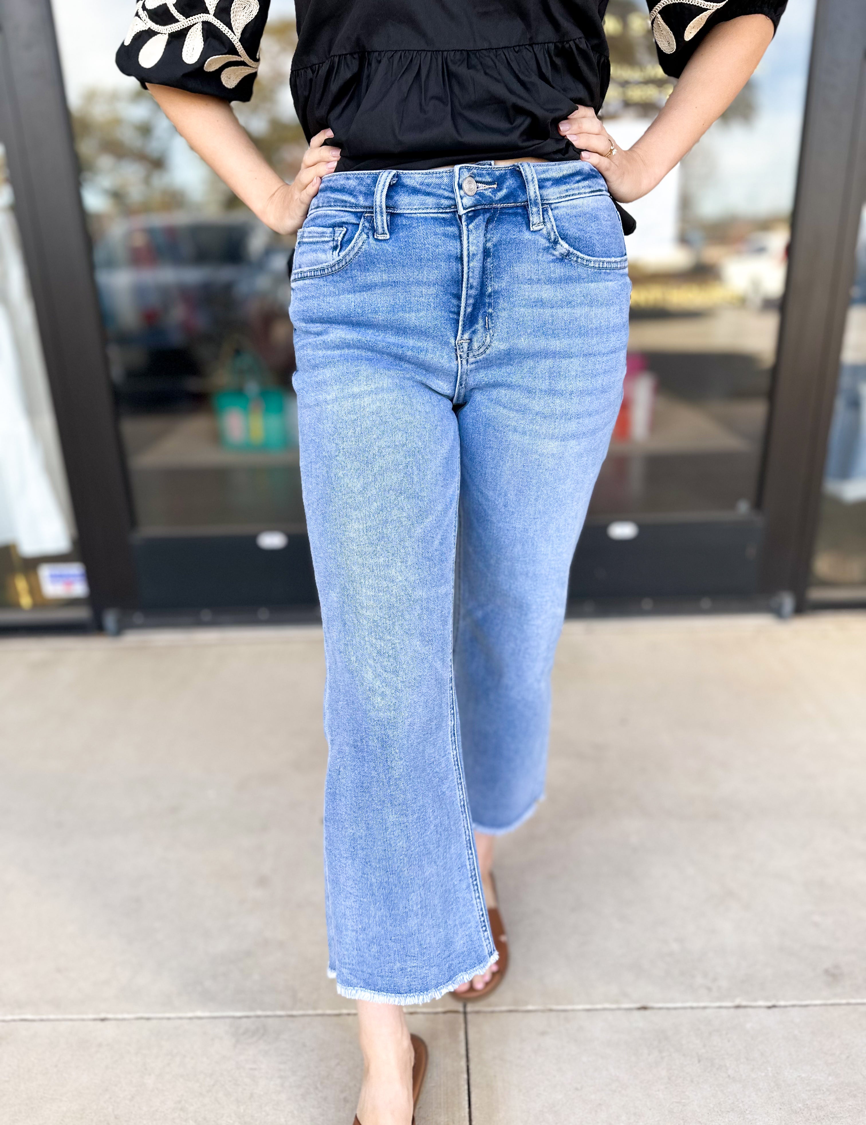 Vervet High Rise Raw Hem Slim Wide Jeans-400 Pants-VEVERT BY FLYING MONKEY-July & June Women's Fashion Boutique Located in San Antonio, Texas