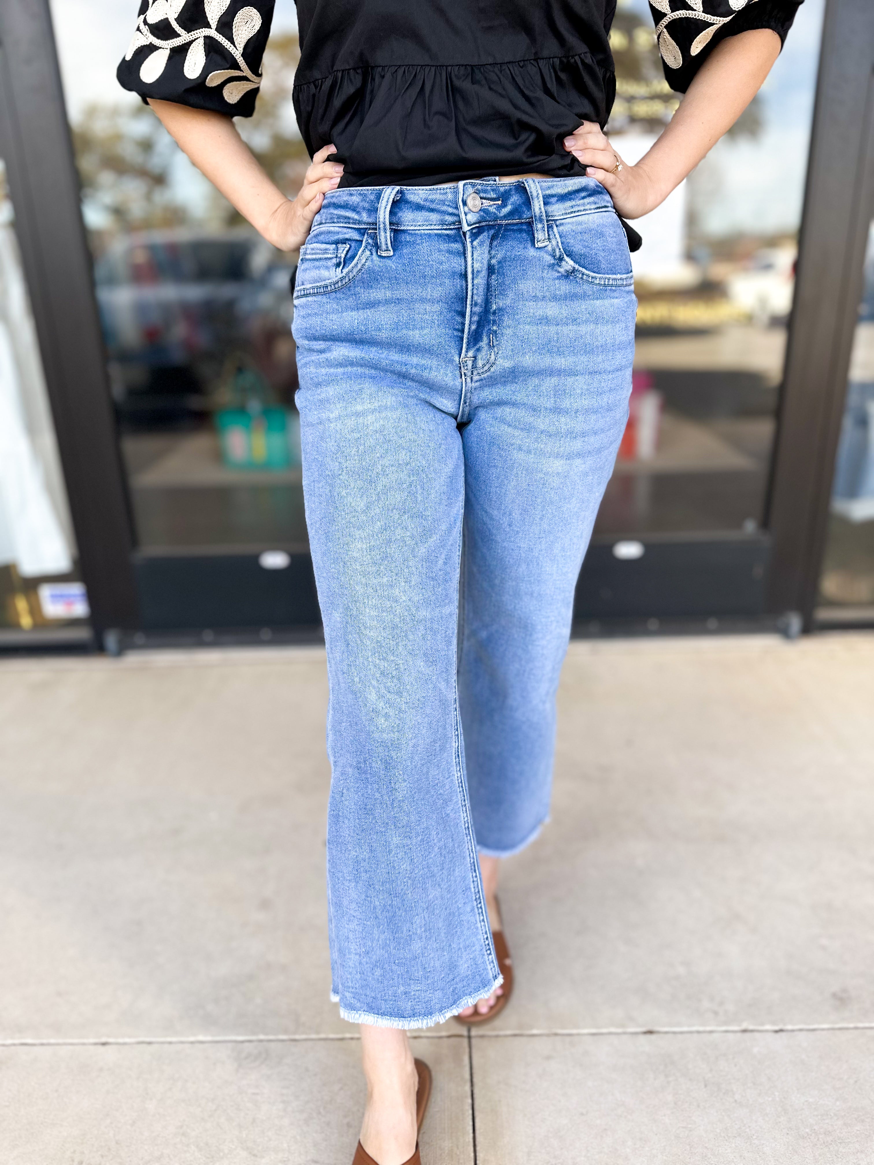 Vervet High Rise Raw Hem Slim Wide Jeans-400 Pants-VEVERT BY FLYING MONKEY-July & June Women's Fashion Boutique Located in San Antonio, Texas