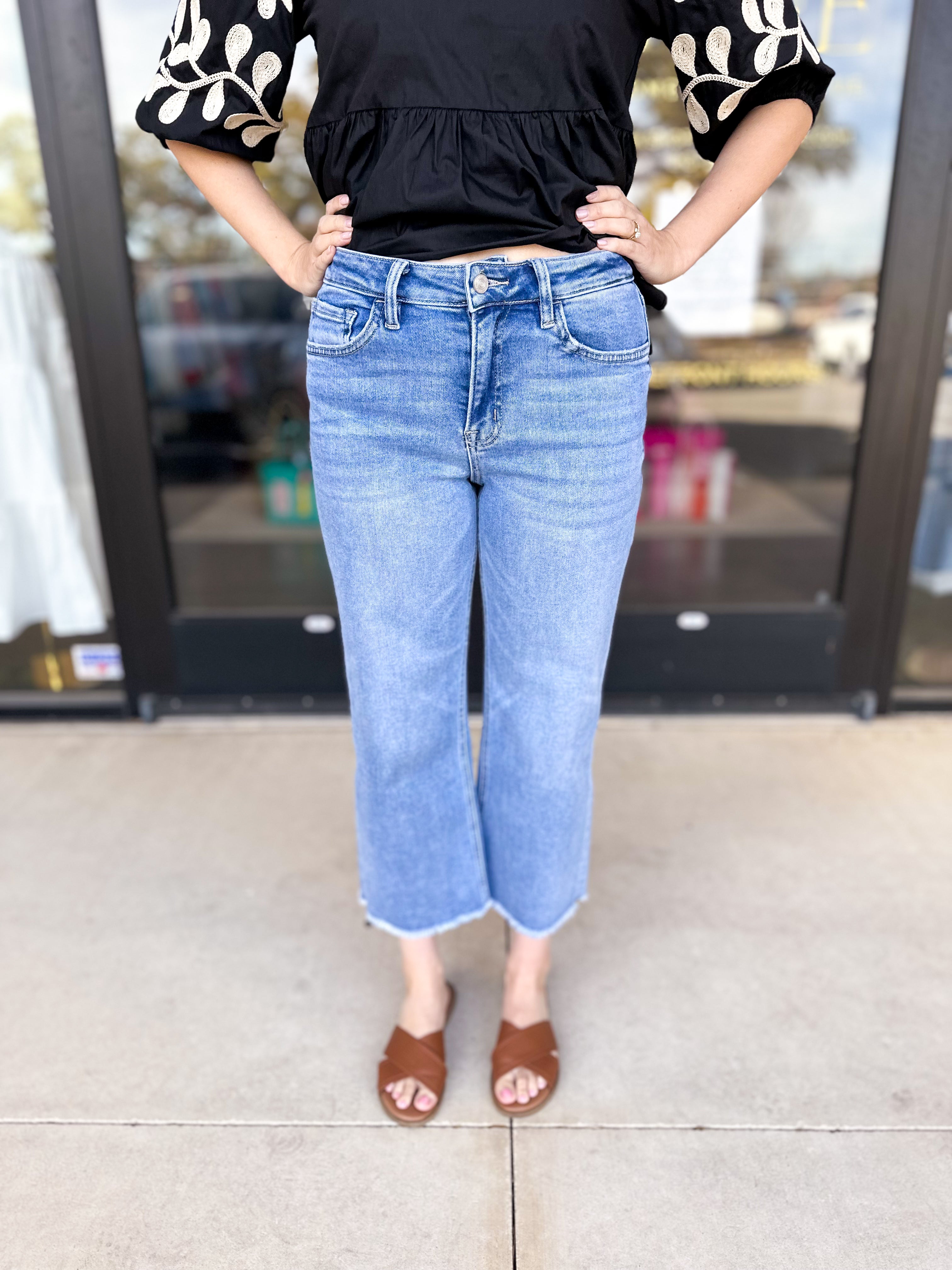 Vervet High Rise Raw Hem Slim Wide Jeans-400 Pants-VEVERT BY FLYING MONKEY-July & June Women's Fashion Boutique Located in San Antonio, Texas