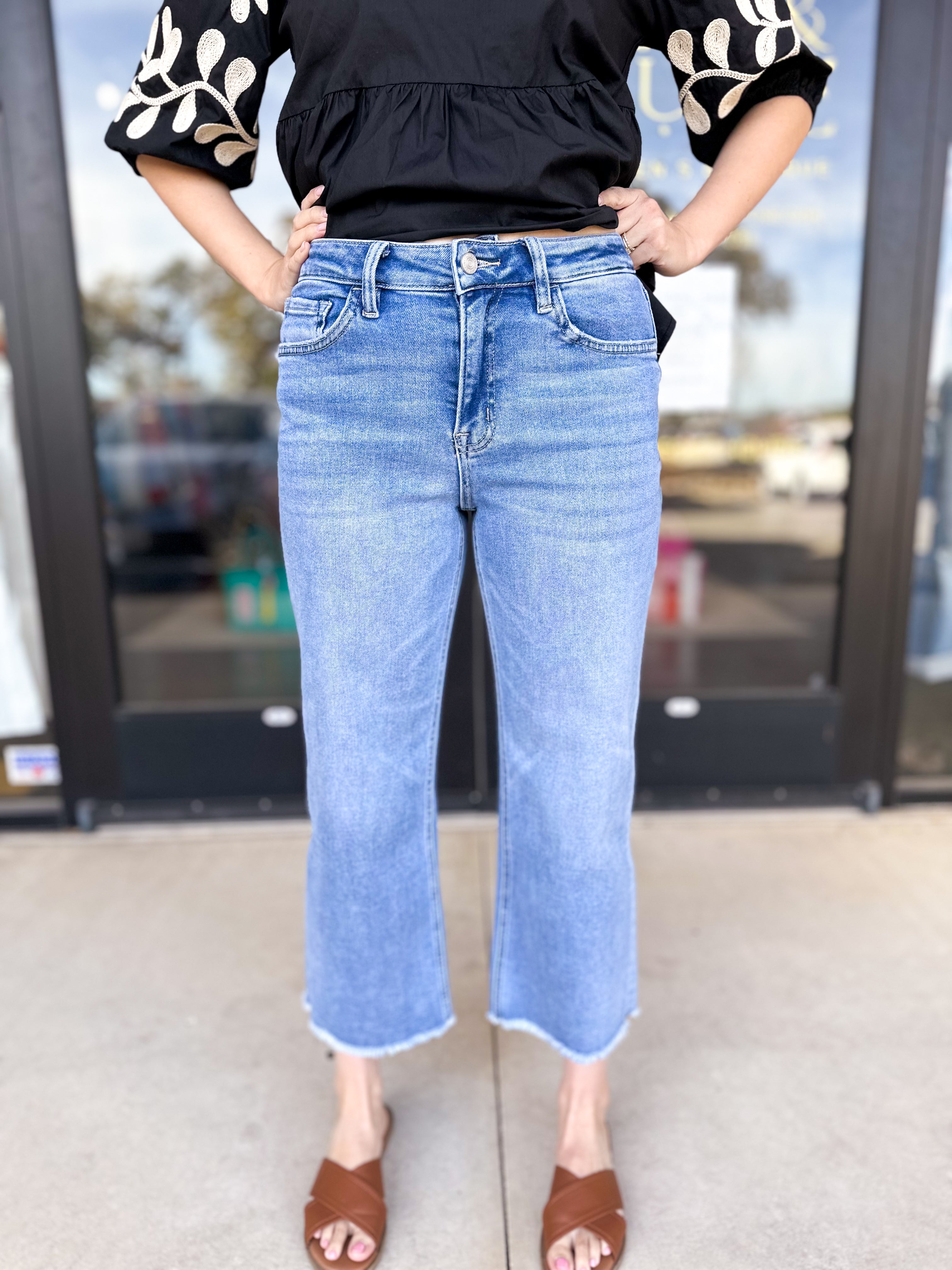 Vervet High Rise Raw Hem Slim Wide Jeans-400 Pants-VEVERT BY FLYING MONKEY-July & June Women's Fashion Boutique Located in San Antonio, Texas
