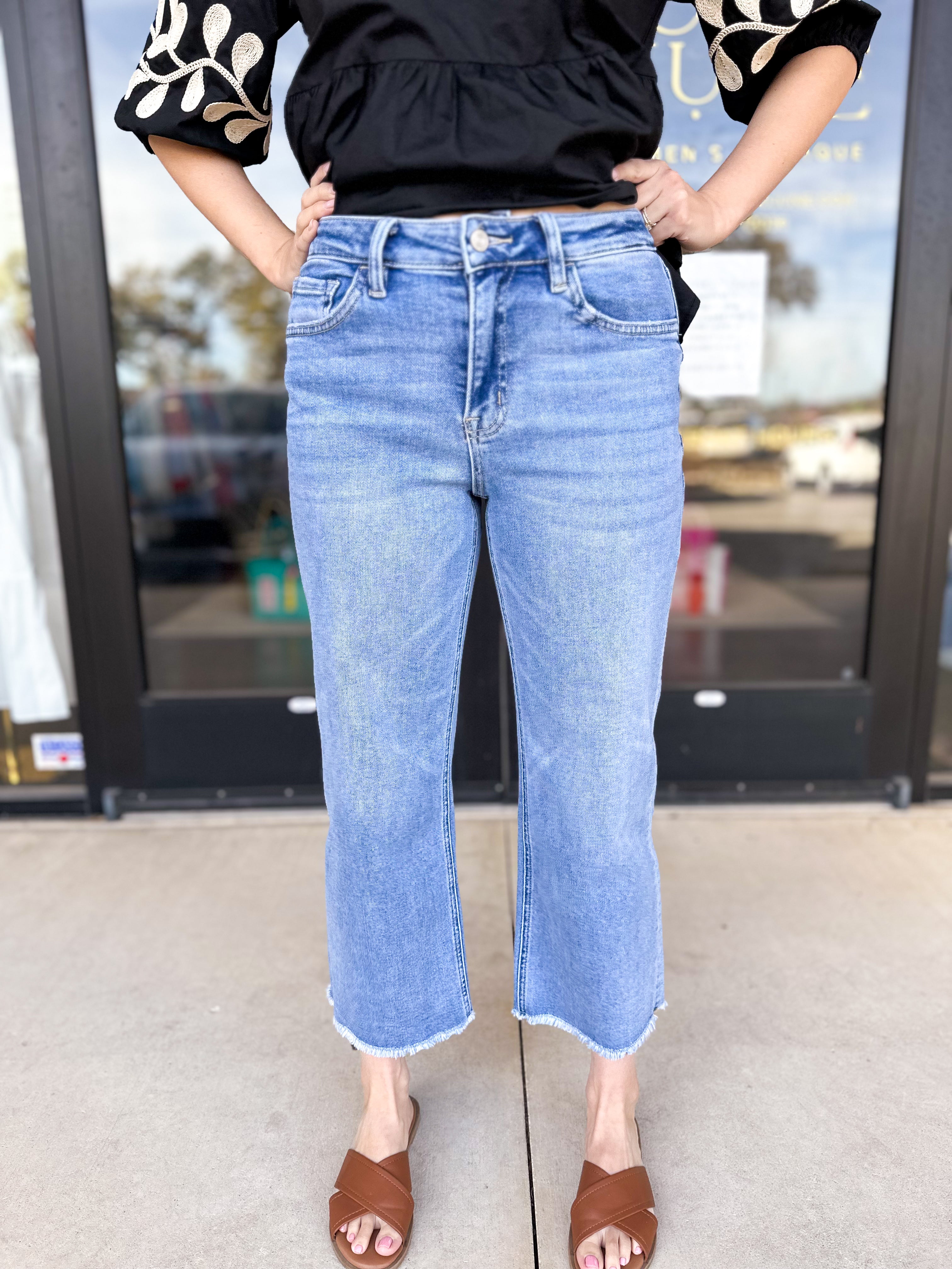 Vervet High Rise Raw Hem Slim Wide Jeans-400 Pants-VEVERT BY FLYING MONKEY-July & June Women's Fashion Boutique Located in San Antonio, Texas