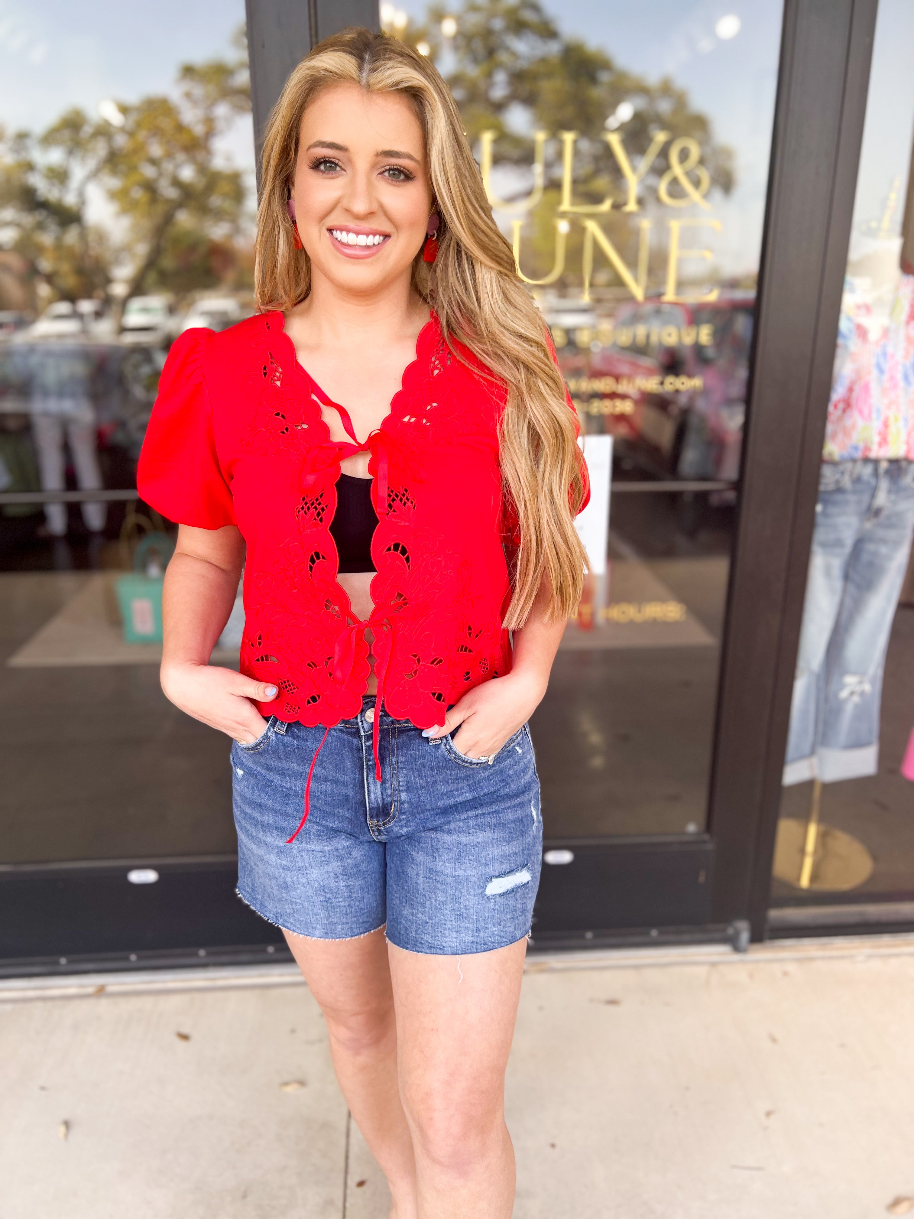 Date Night Crochet Blouse - Red-200 Fashion Blouses-ENTRO-July & June Women's Fashion Boutique Located in San Antonio, Texas
