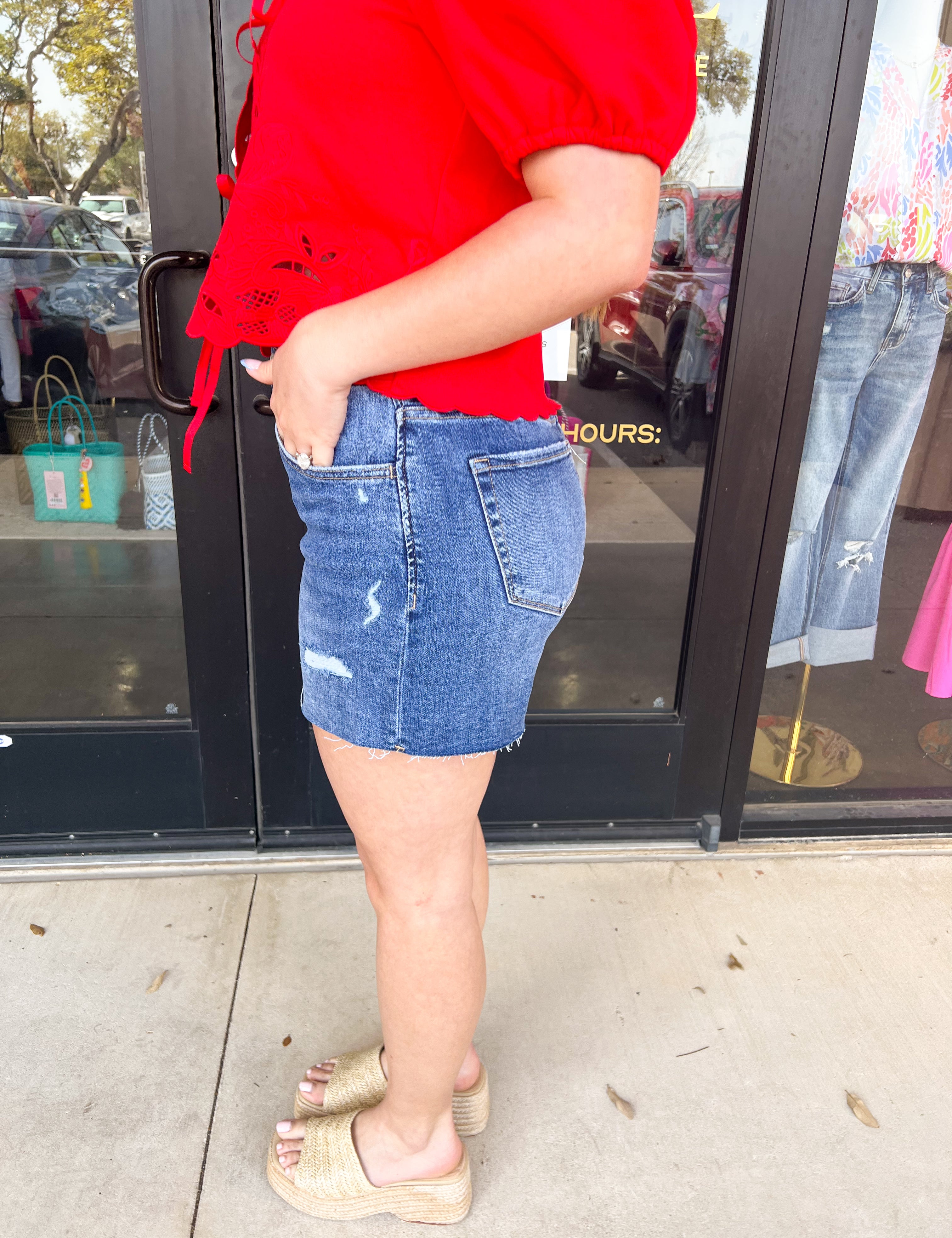 Vervet High Rise Distressed Denim Shorts-410 Shorts/Skirts-VEVERT BY FLYING MONKEY-July & June Women's Fashion Boutique Located in San Antonio, Texas