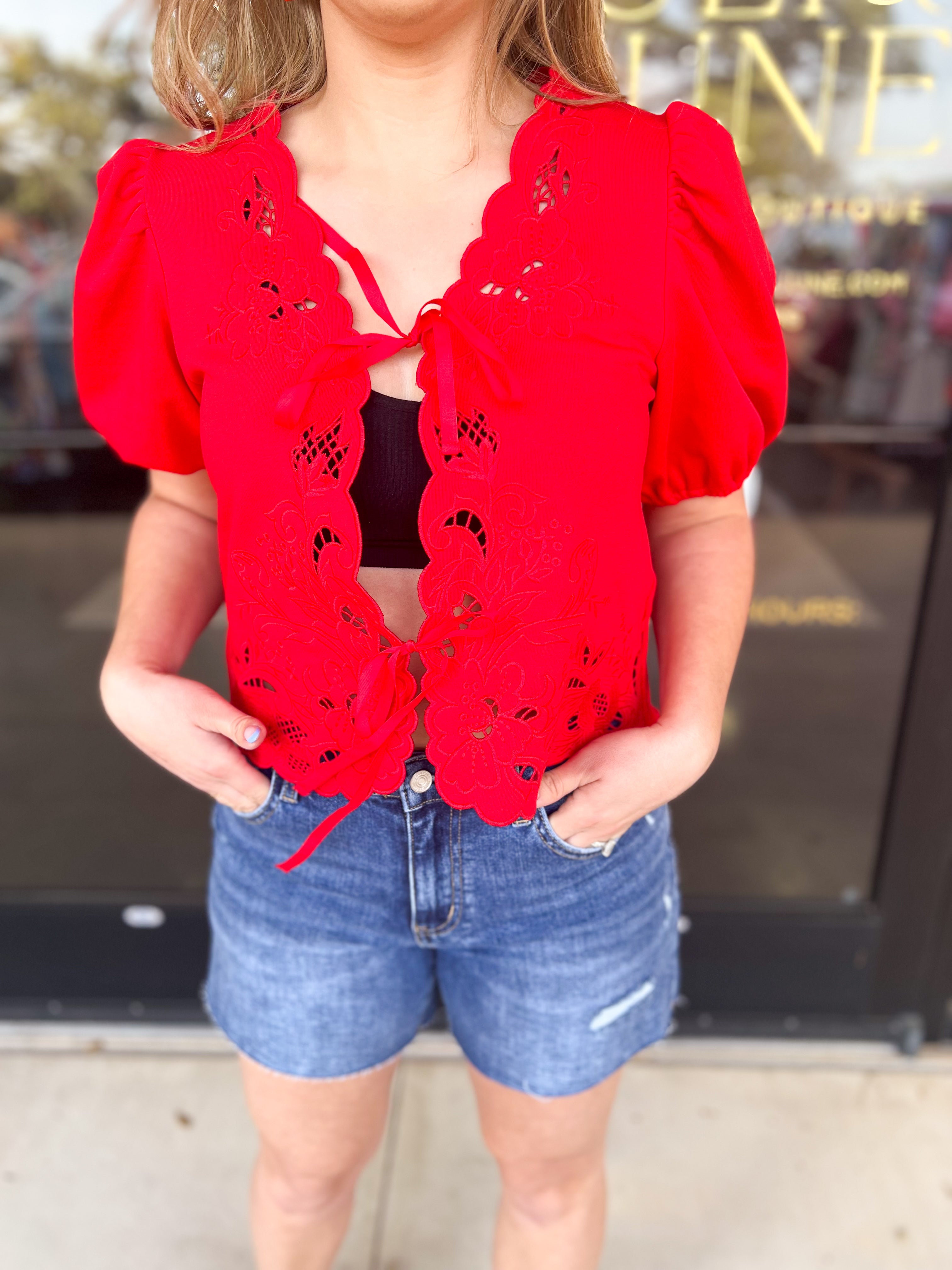 Date Night Crochet Blouse - Red-200 Fashion Blouses-ENTRO-July & June Women's Fashion Boutique Located in San Antonio, Texas