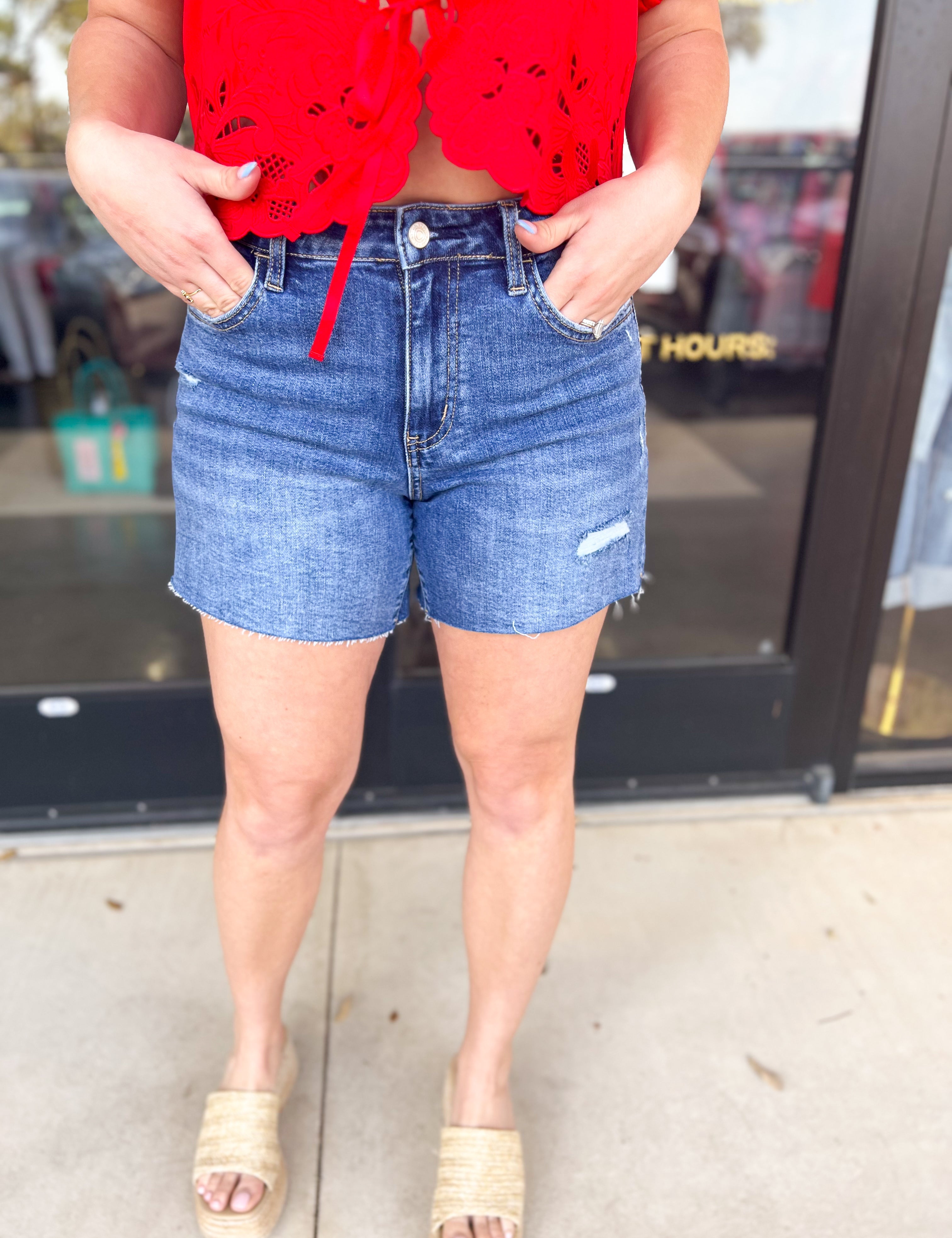 Vervet High Rise Distressed Denim Shorts-410 Shorts/Skirts-VEVERT BY FLYING MONKEY-July & June Women's Fashion Boutique Located in San Antonio, Texas