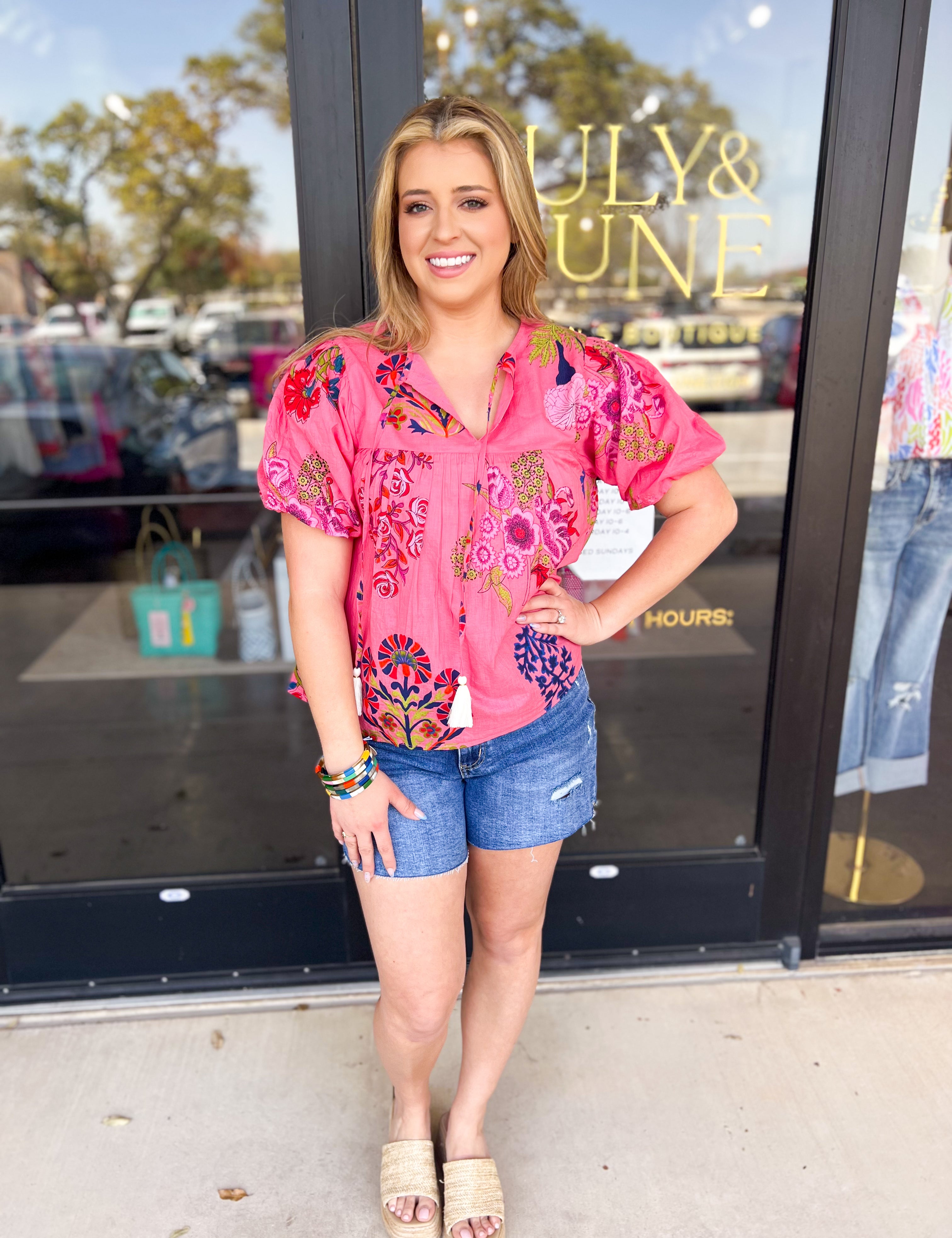 THML - Hot Pink Garden Blouse-200 Fashion Blouses-THML-July & June Women's Fashion Boutique Located in San Antonio, Texas
