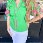 THML - Pink & Green Contrast Embroidery Blouse-200 Fashion Blouses-THML-July & June Women's Fashion Boutique Located in San Antonio, Texas