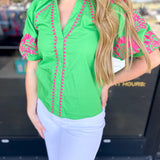 THML - Pink & Green Contrast Embroidery Blouse-200 Fashion Blouses-THML-July & June Women's Fashion Boutique Located in San Antonio, Texas