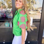 THML - Pink & Green Contrast Embroidery Blouse-200 Fashion Blouses-THML-July & June Women's Fashion Boutique Located in San Antonio, Texas