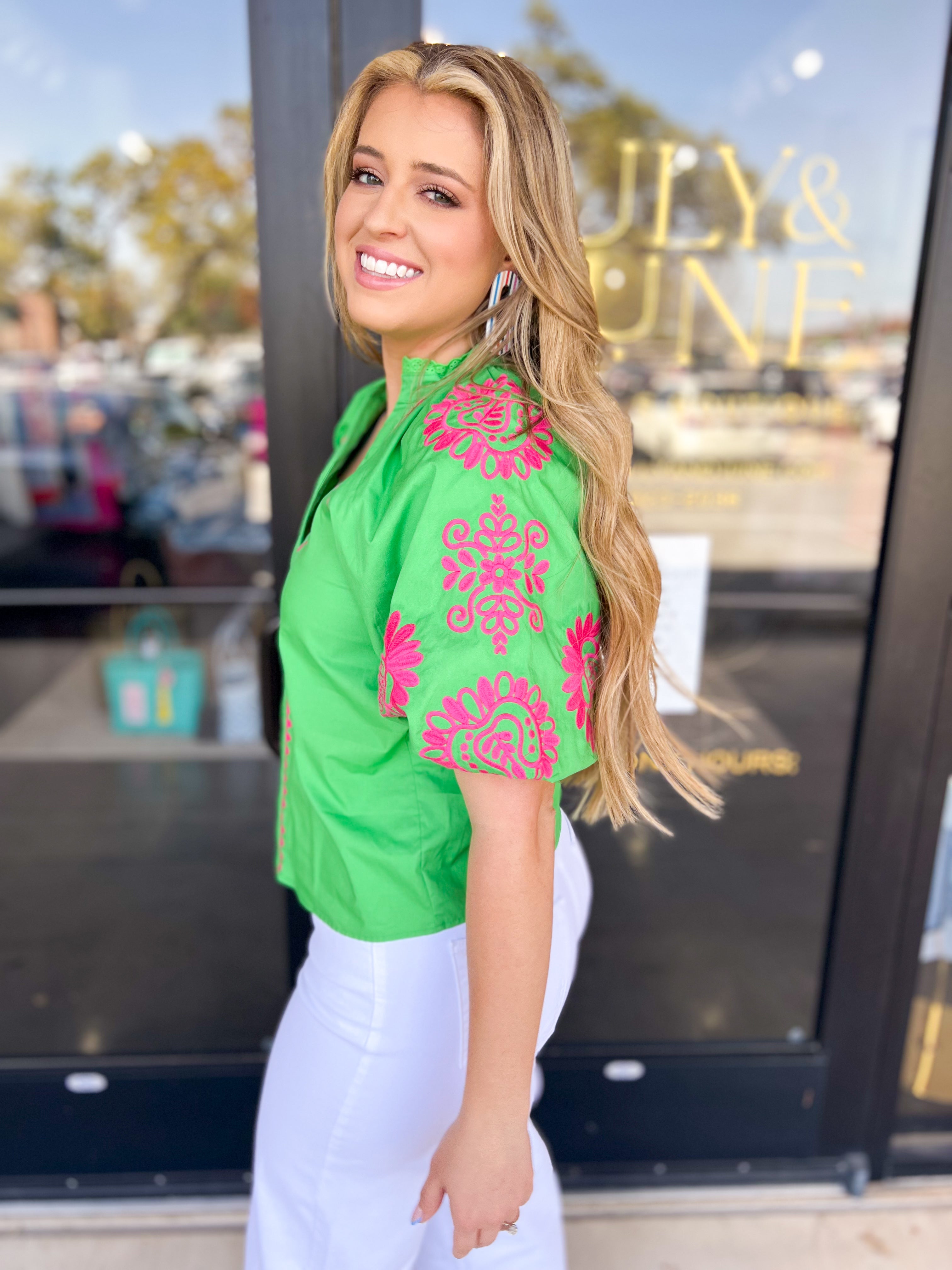 THML - Pink & Green Contrast Embroidery Blouse-200 Fashion Blouses-THML-July & June Women's Fashion Boutique Located in San Antonio, Texas